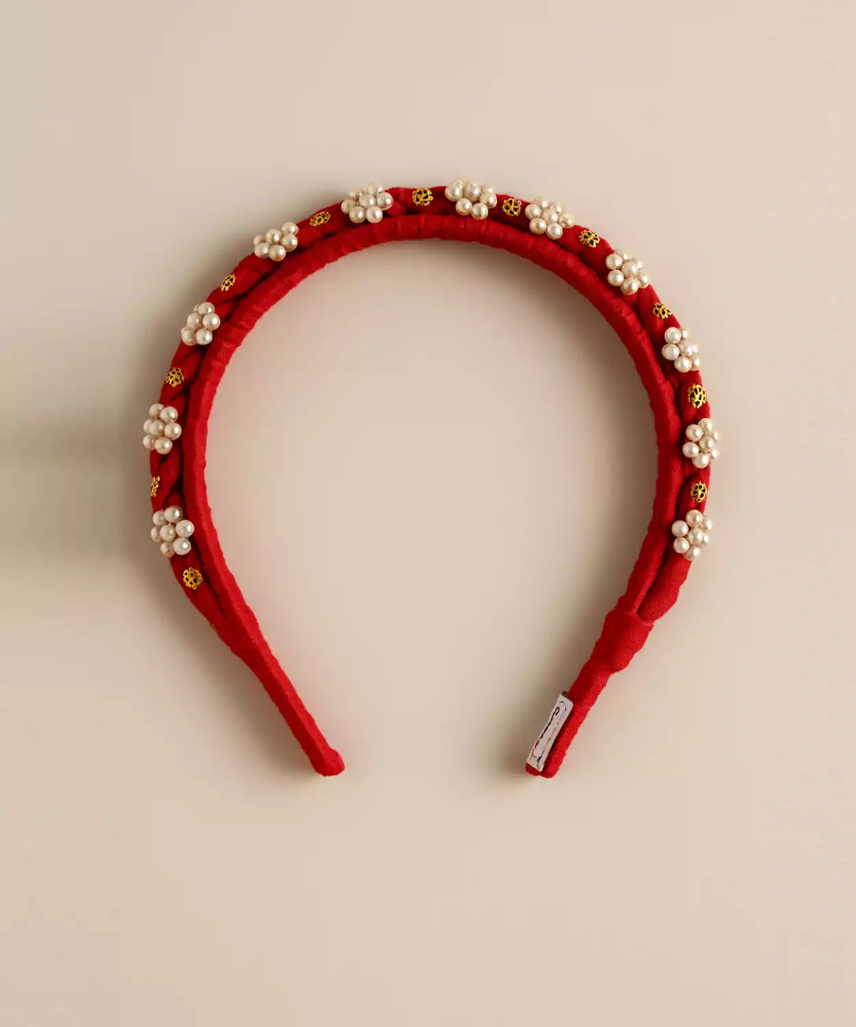 Floral Embellishments and Golden Accents Hairband for Festive - Red, White, Golden