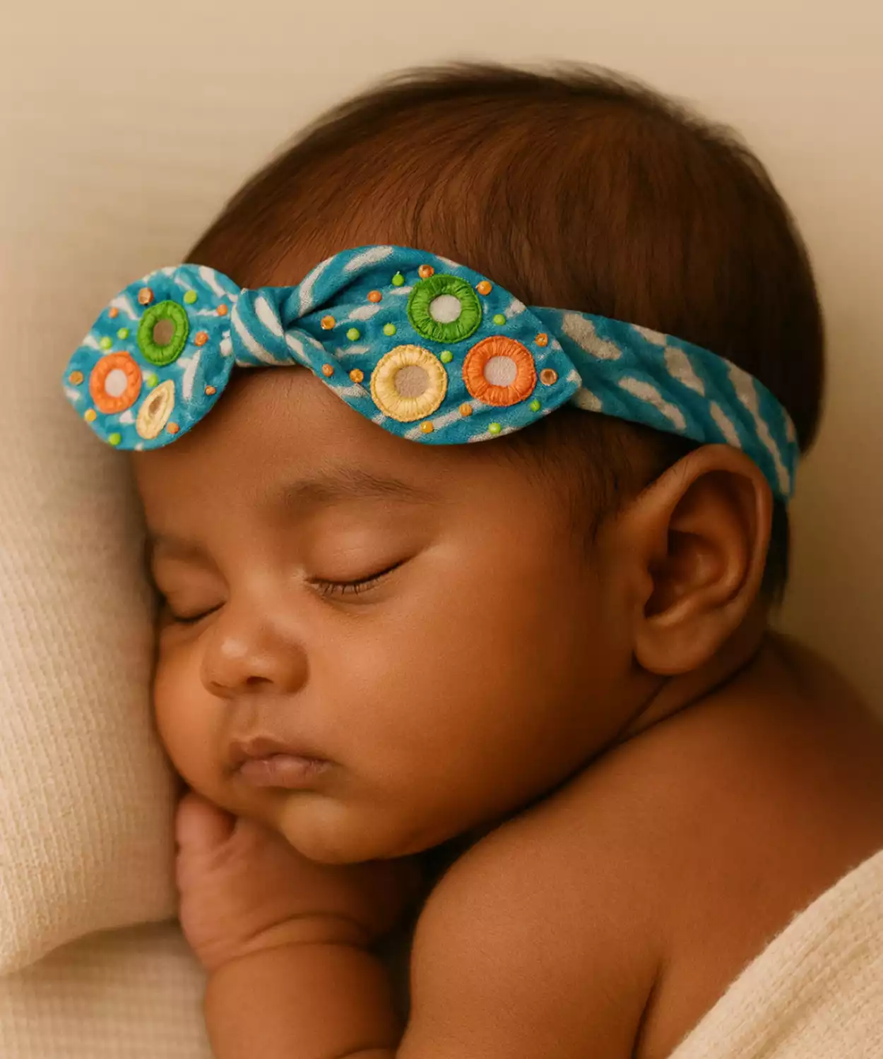 Ethnic Bow Hairband with Circular Embellishments- Blue, Orange, Green