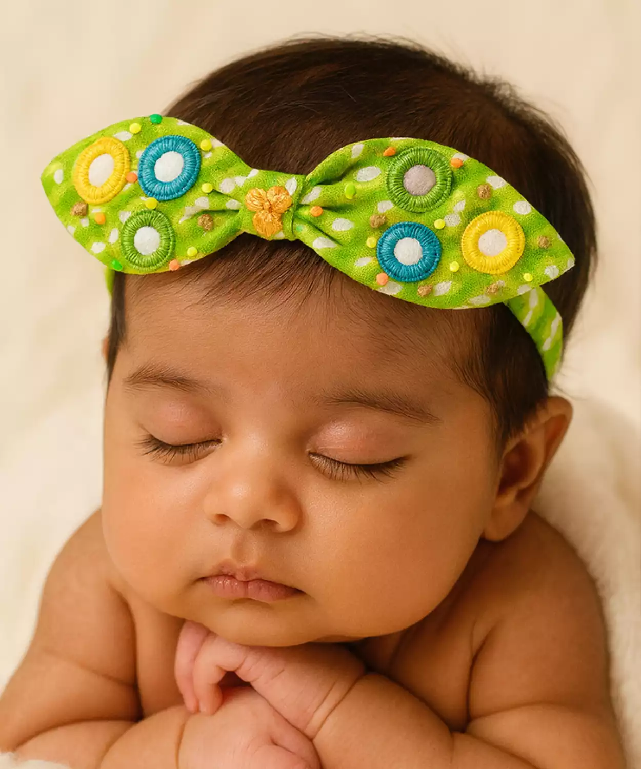 Bow Hairband with Circular Embellishments, Festive & Fun Style - Green, Blue, Yellow