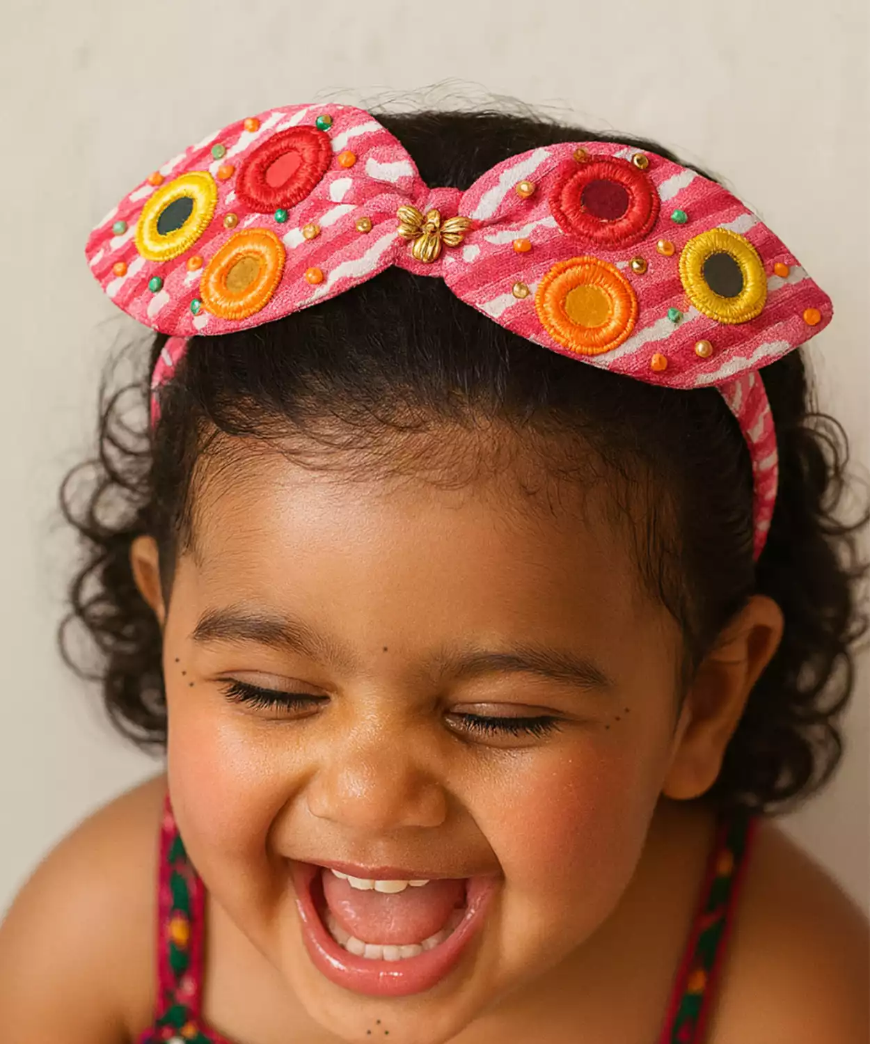 Ethnic Bow Hairband with Circular Embellishments -Pink, Yellow, Orange