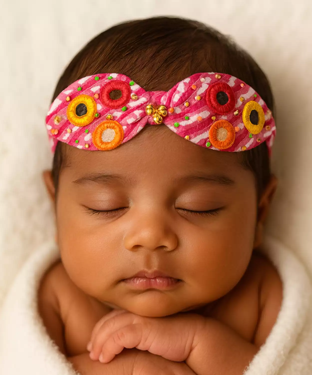 Ethnic Bow Hairband with Circular Embellishments -Pink, Yellow, Orange