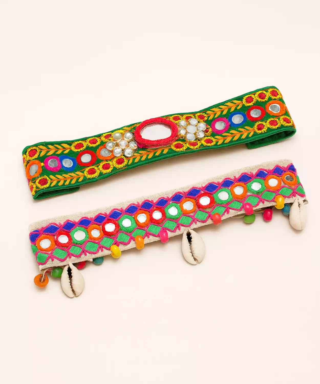 Embroidered Ethnic Hairband Set of 2- with Mirror Work, Beads and Shells
