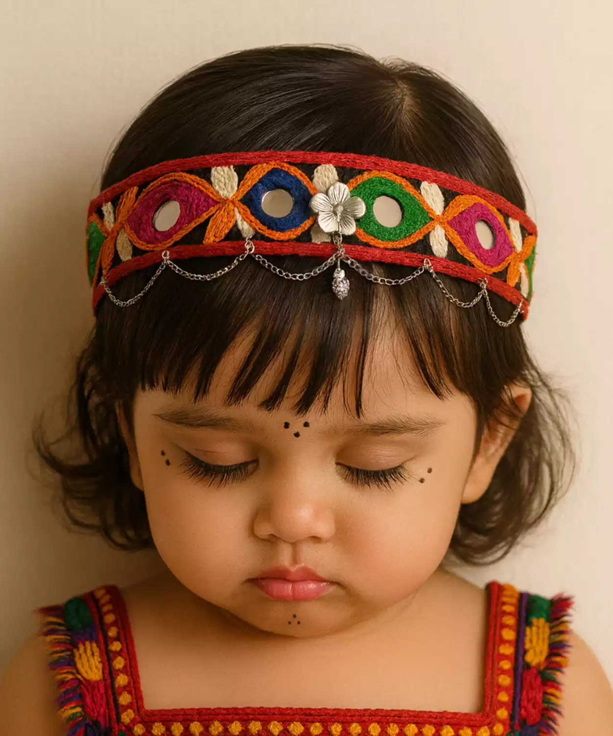 Ethnic Hairband with Mirror Work, Silver Charm & Colorful Threads
