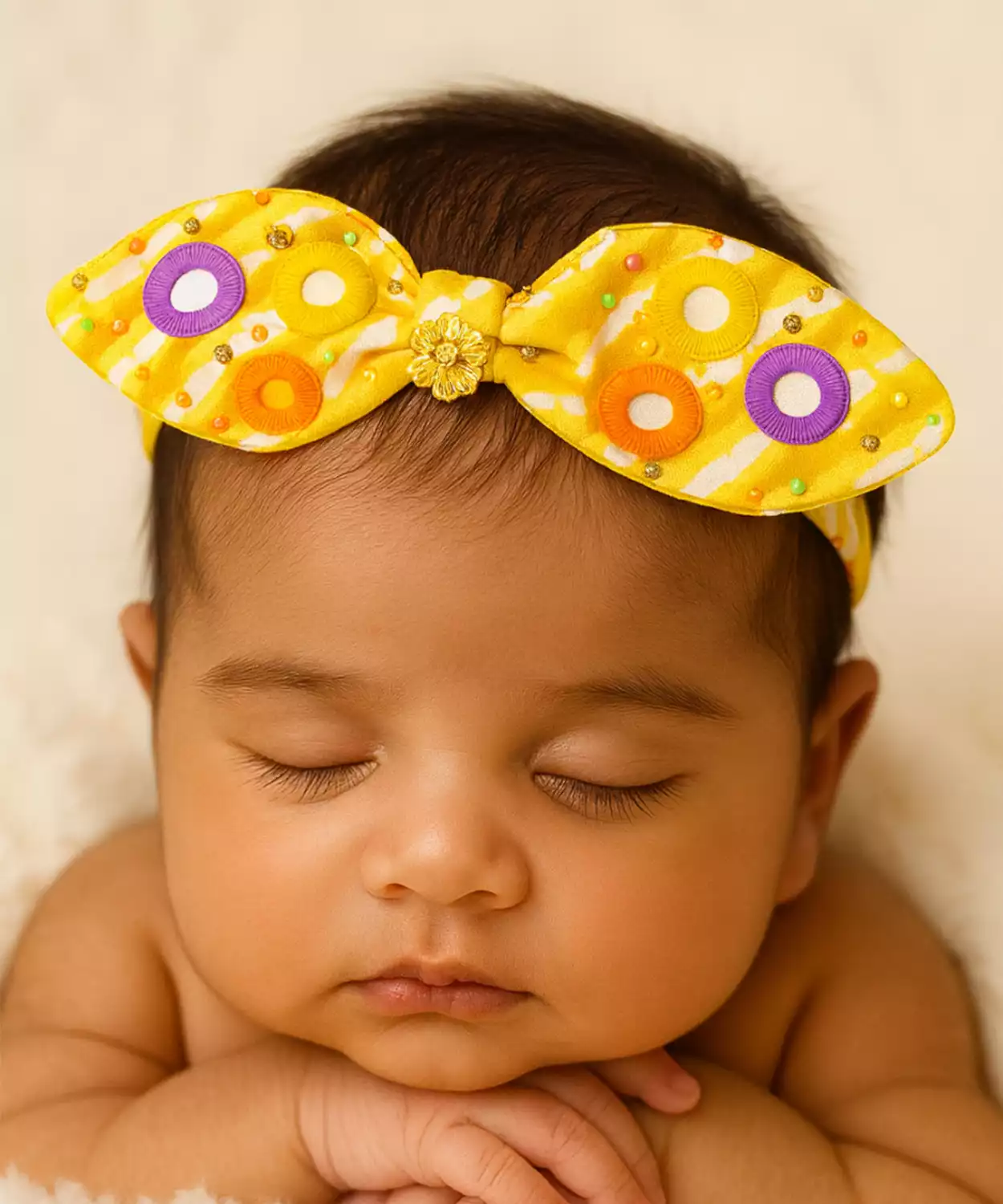 Festive Bow Hairband with Circular Embellishments -Yellow, Purple, Orange