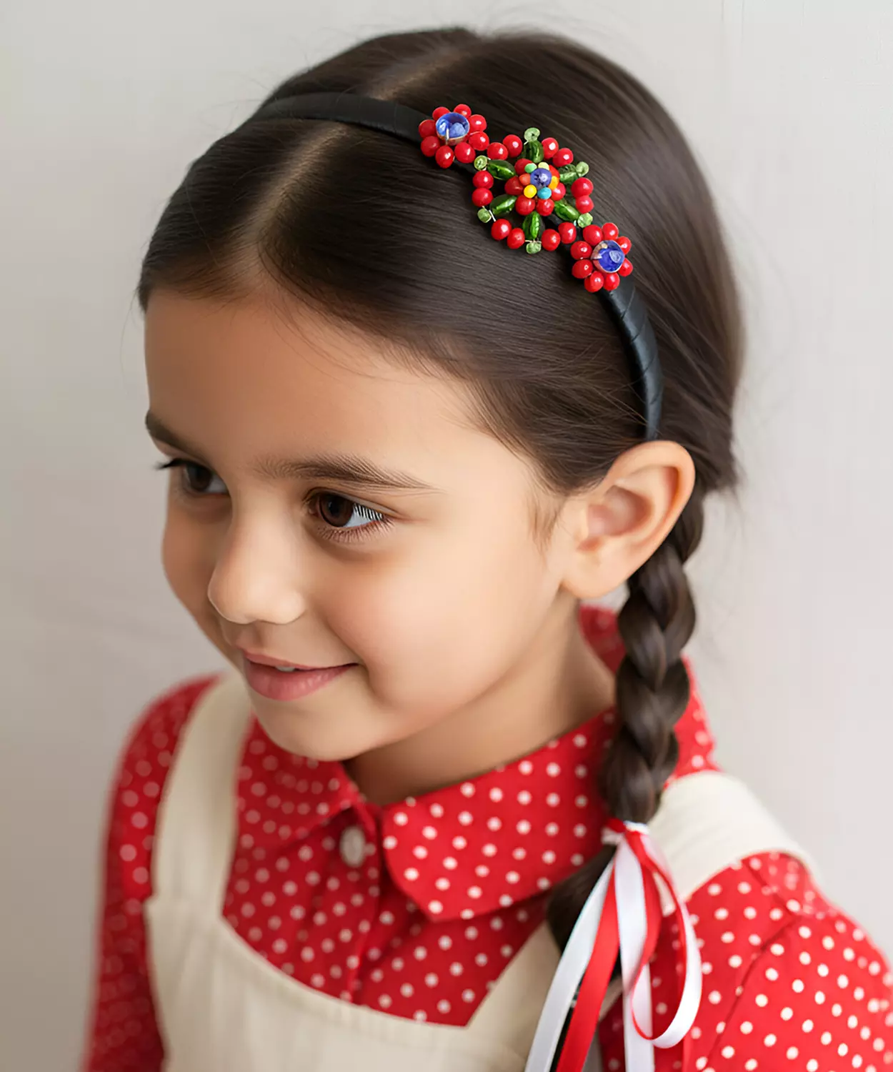 Christmas Beaded Floral Hair Band For Girls – Red & Green