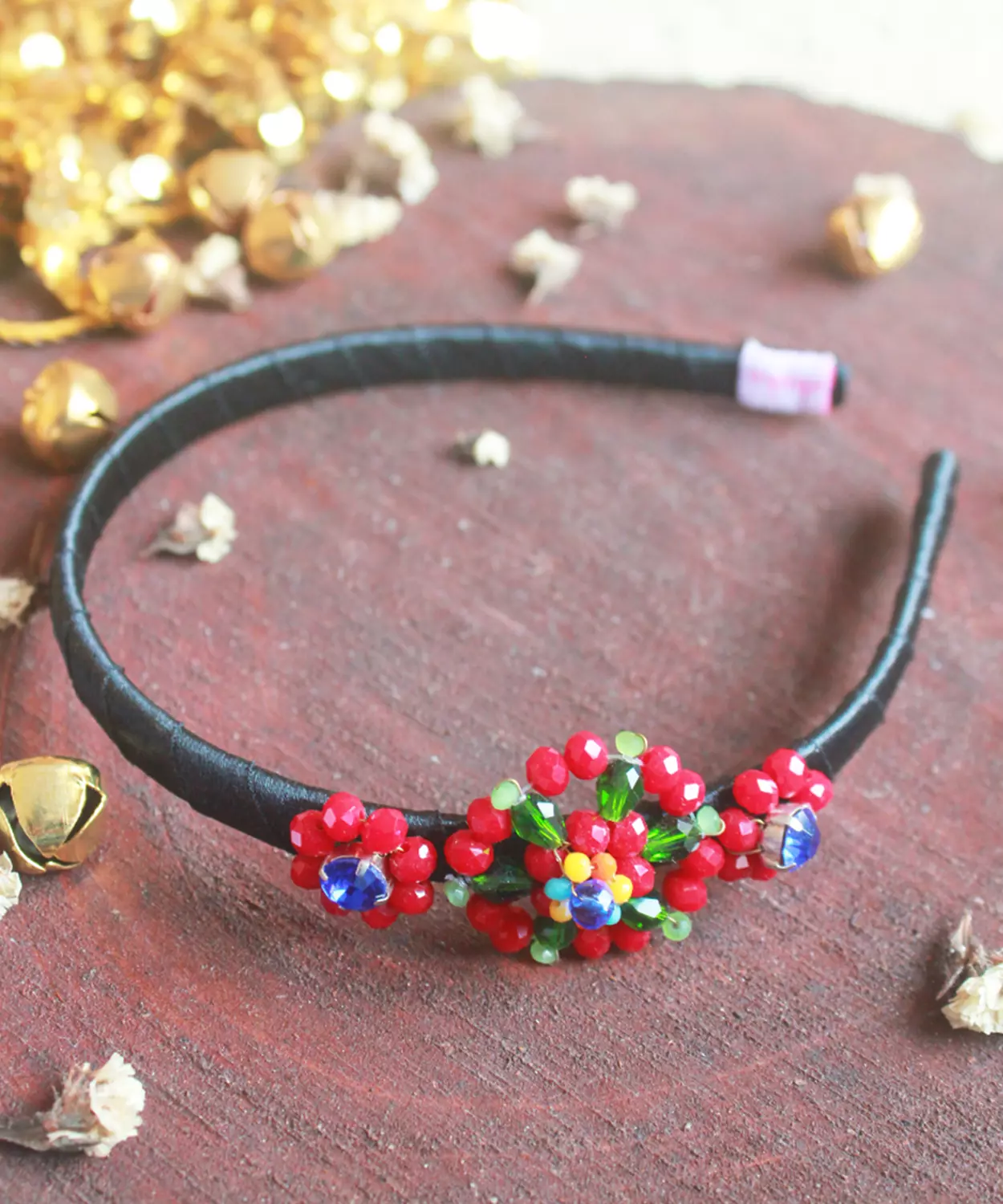 Christmas Beaded Floral Hair Band For Girls – Red & Green