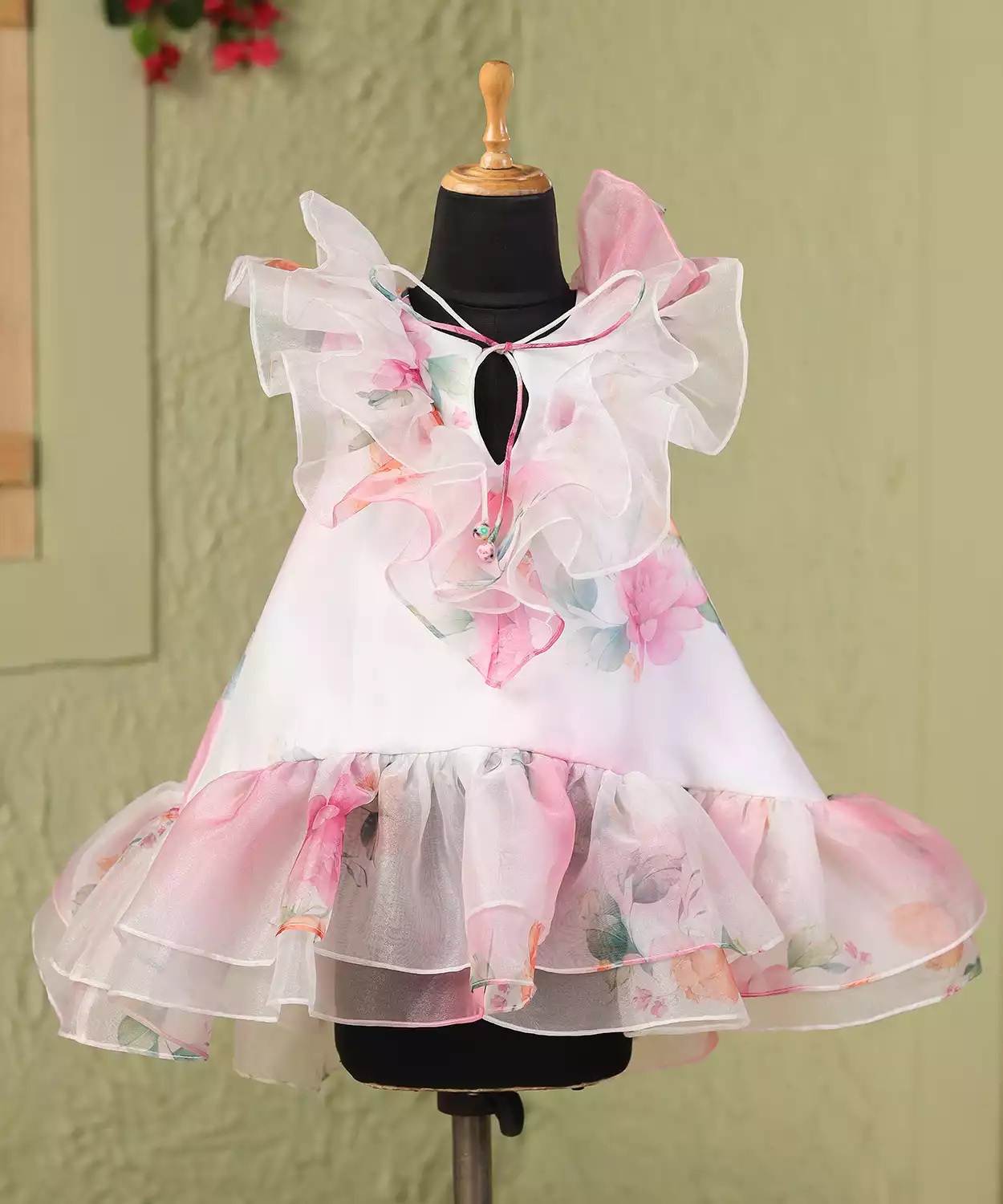 White Pink Floral Neck Frill Dress