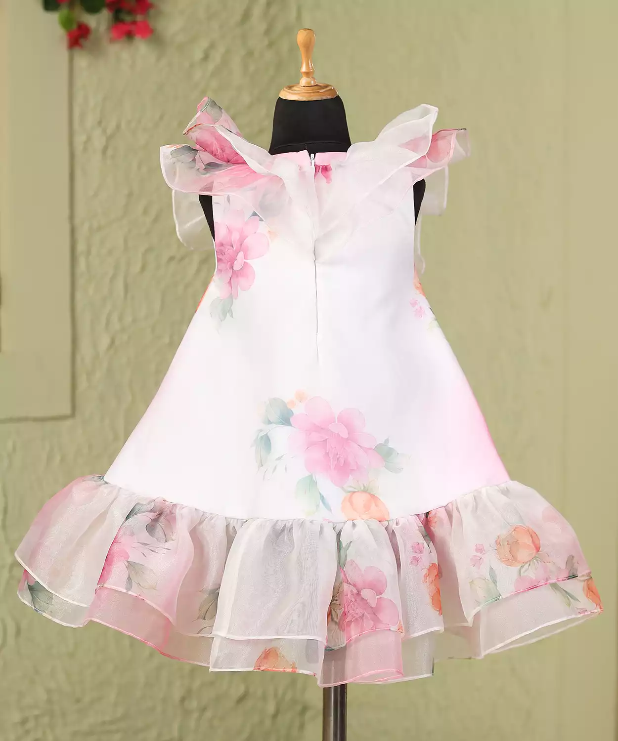 White Pink Floral Neck Frill Dress