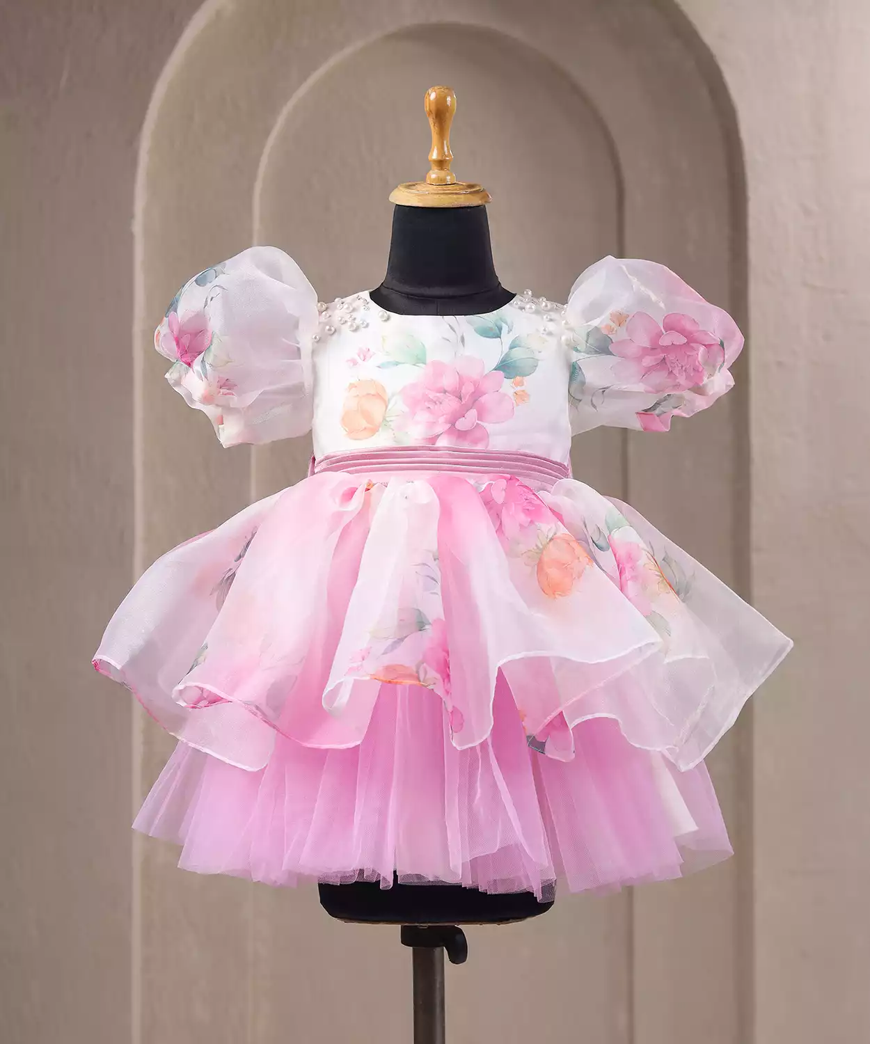 White Pink Floral Pintucks Belt Dress