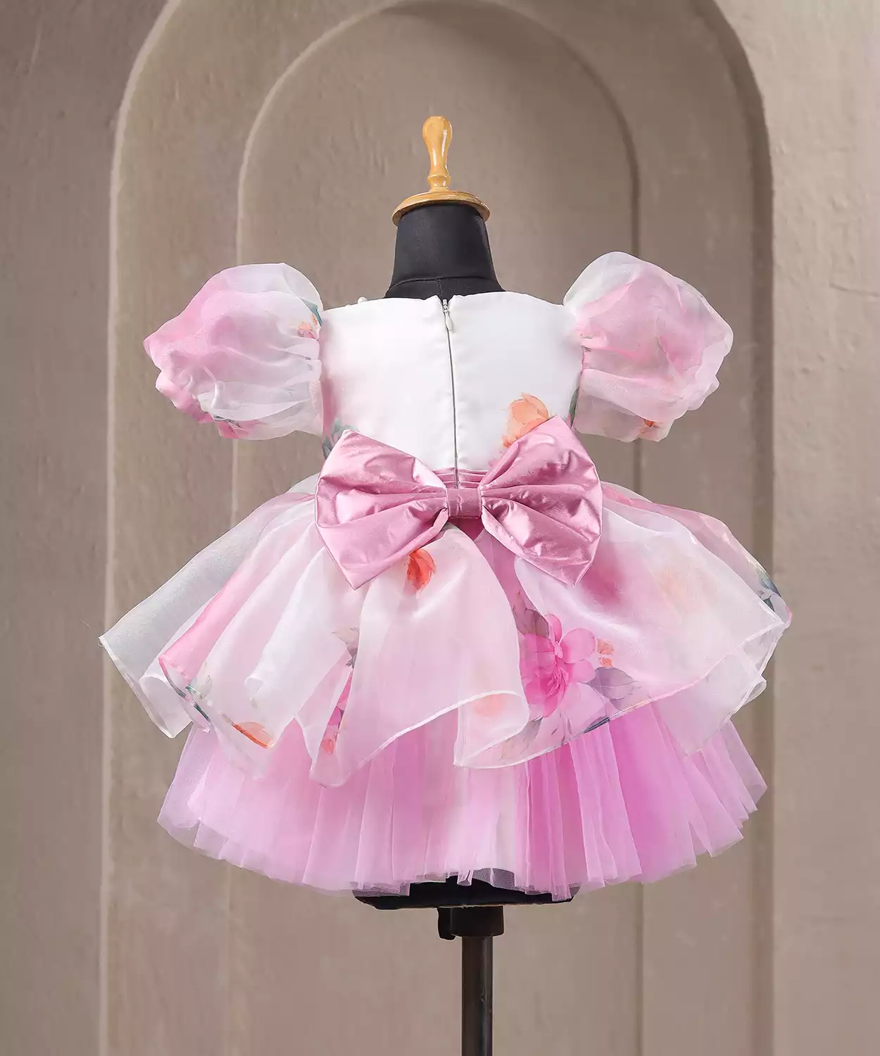 White Pink Floral Pintucks Belt Dress