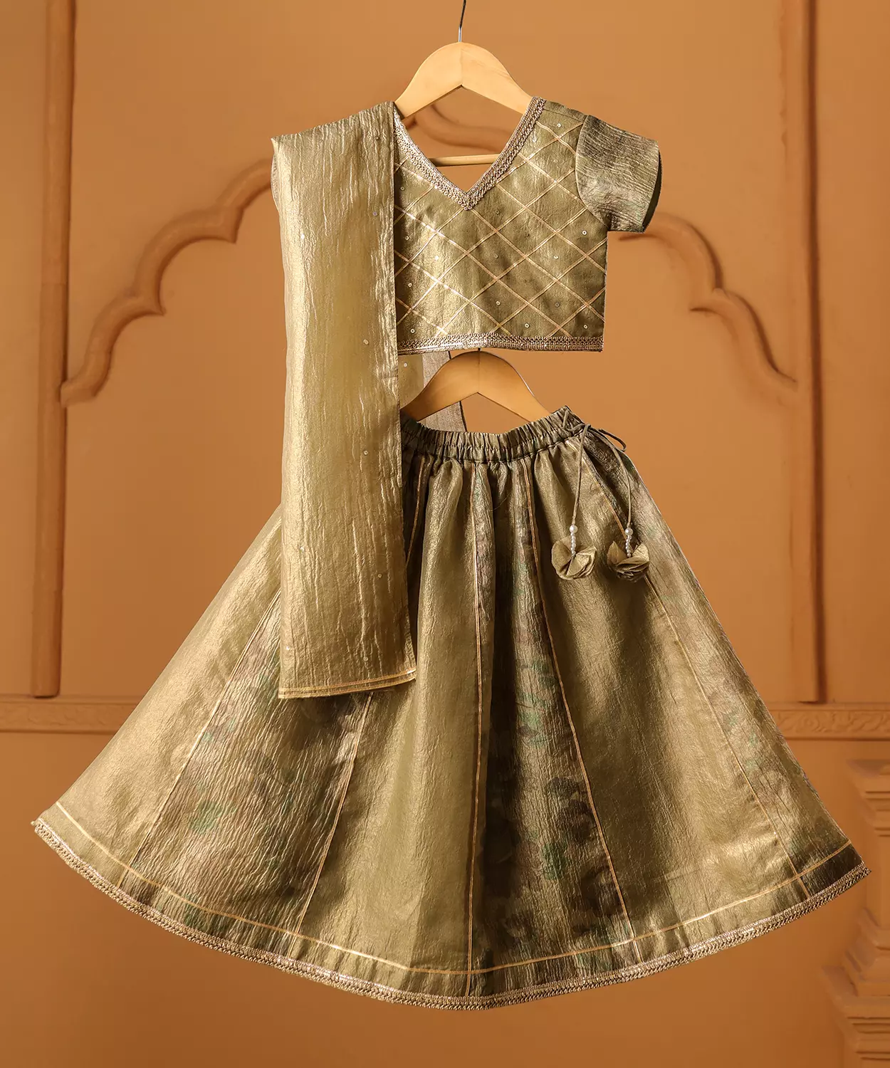Olive Gold Silk Lehenga Set For Girls