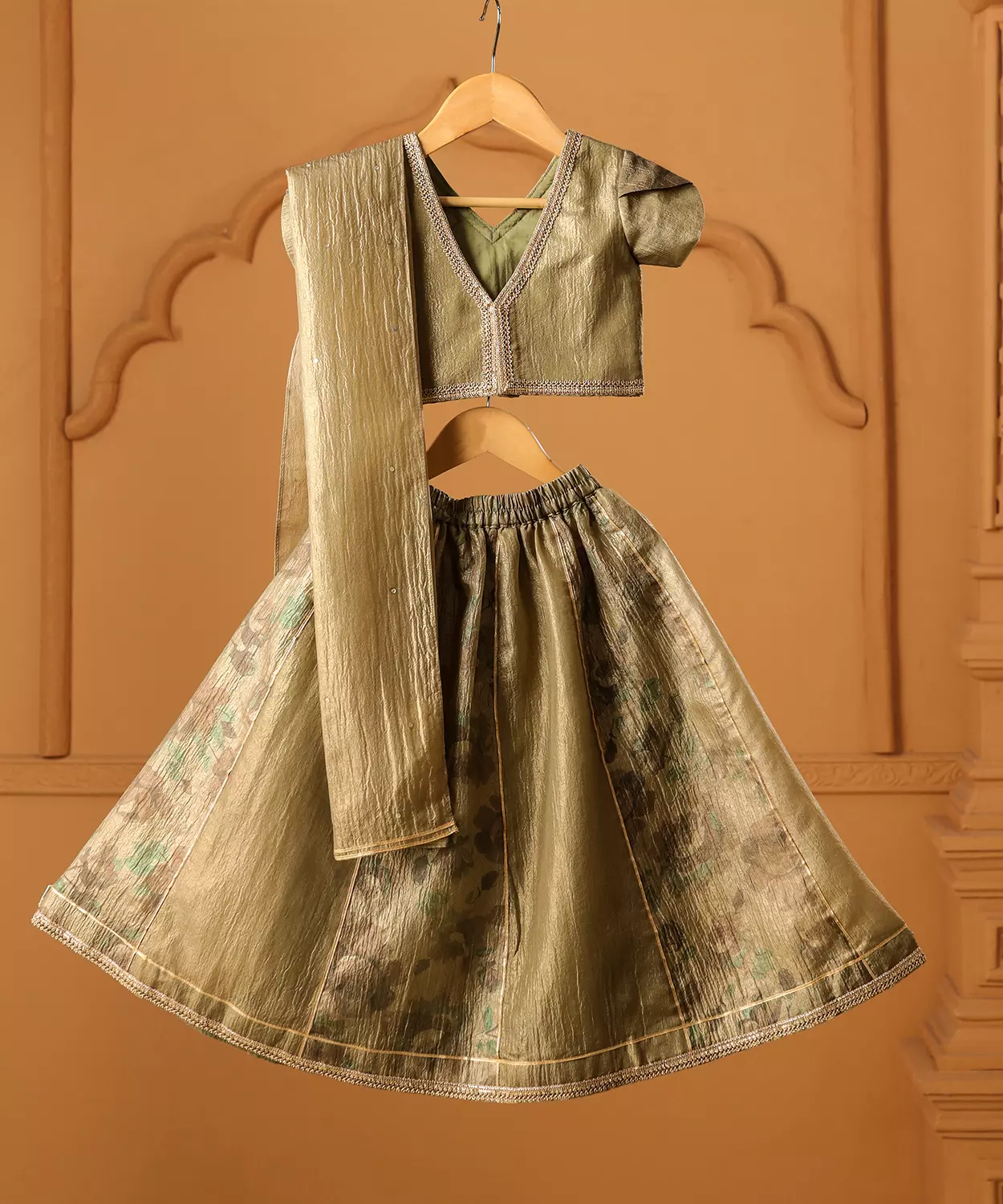 Olive Gold Silk Lehenga Set For Girls