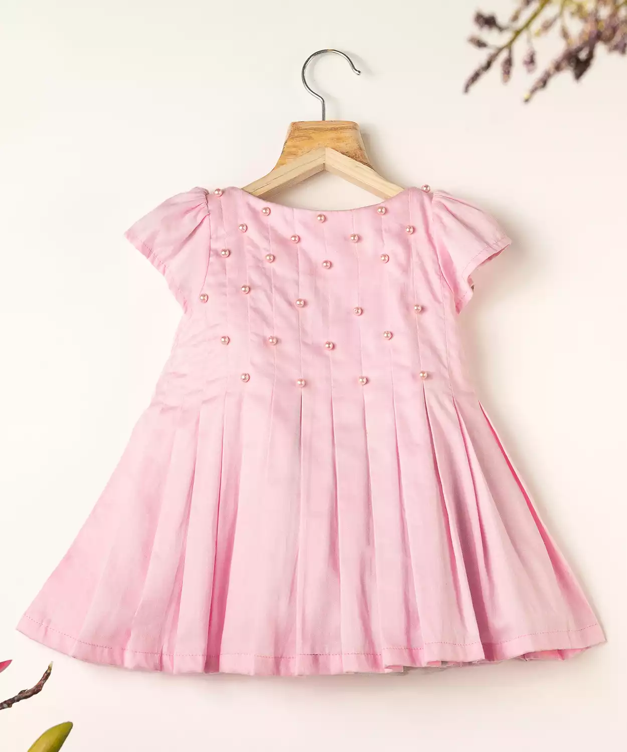 Pink Pleated Cotton Dress Adorned With Pearls
