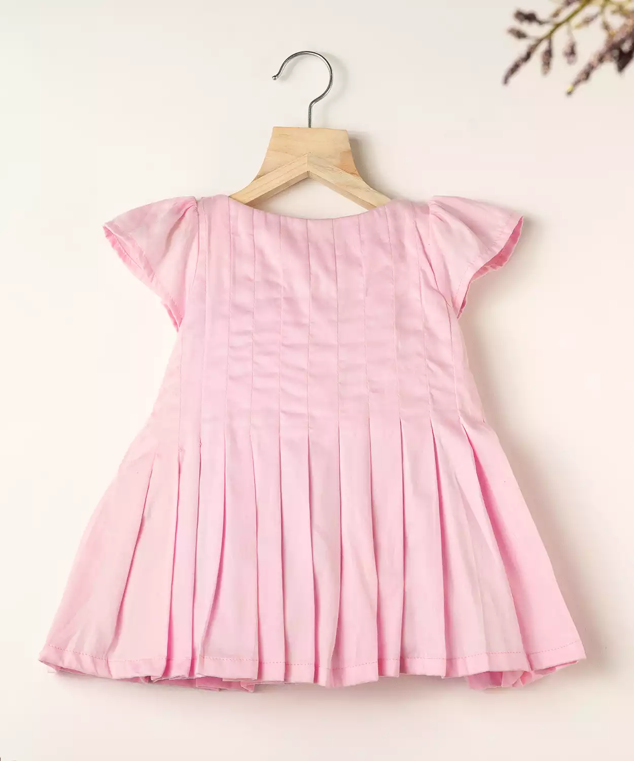 Pink Pleated Cotton Dress Adorned With Pearls