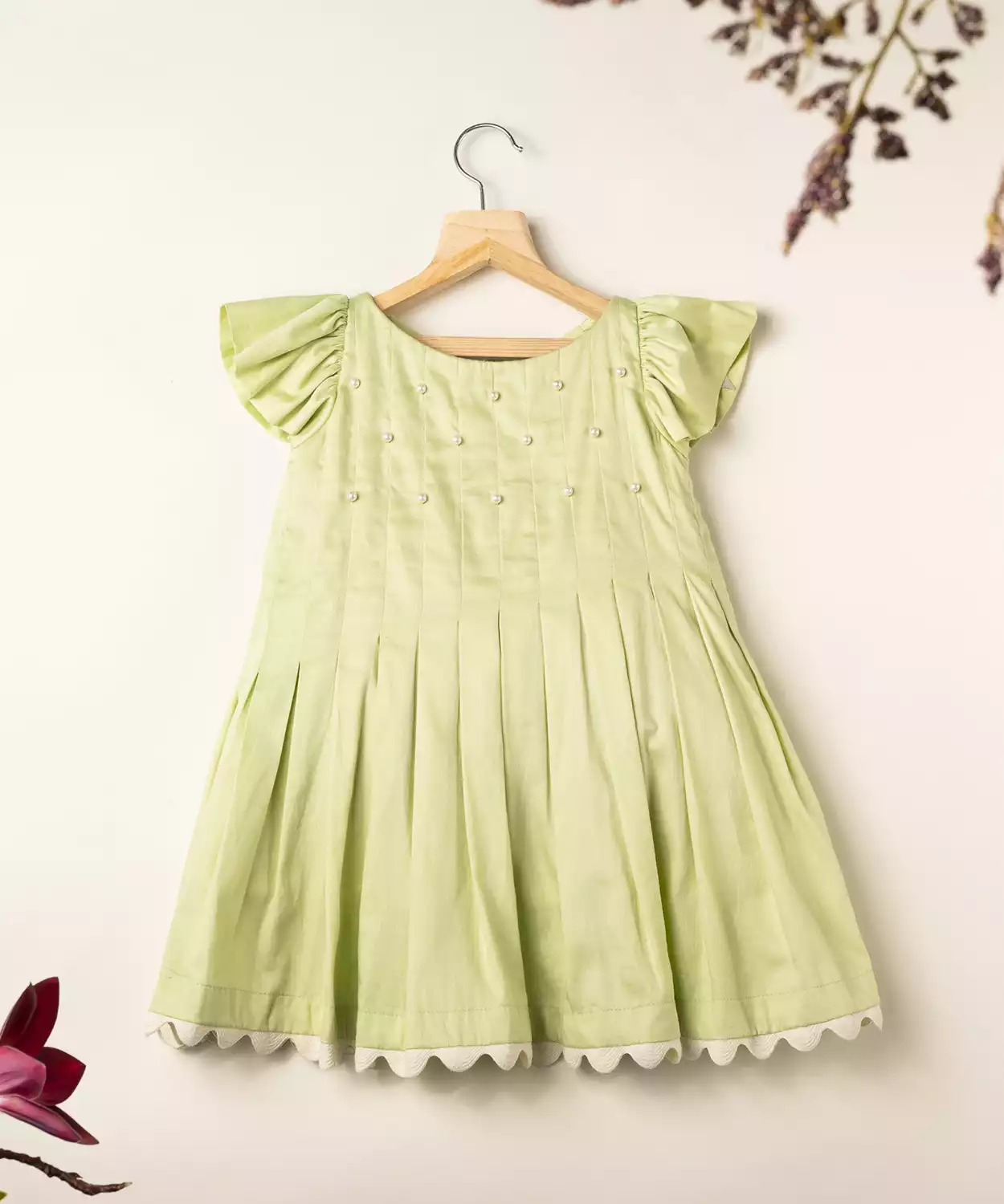 Green Pleated Cotton Dress Adorned With Pearls