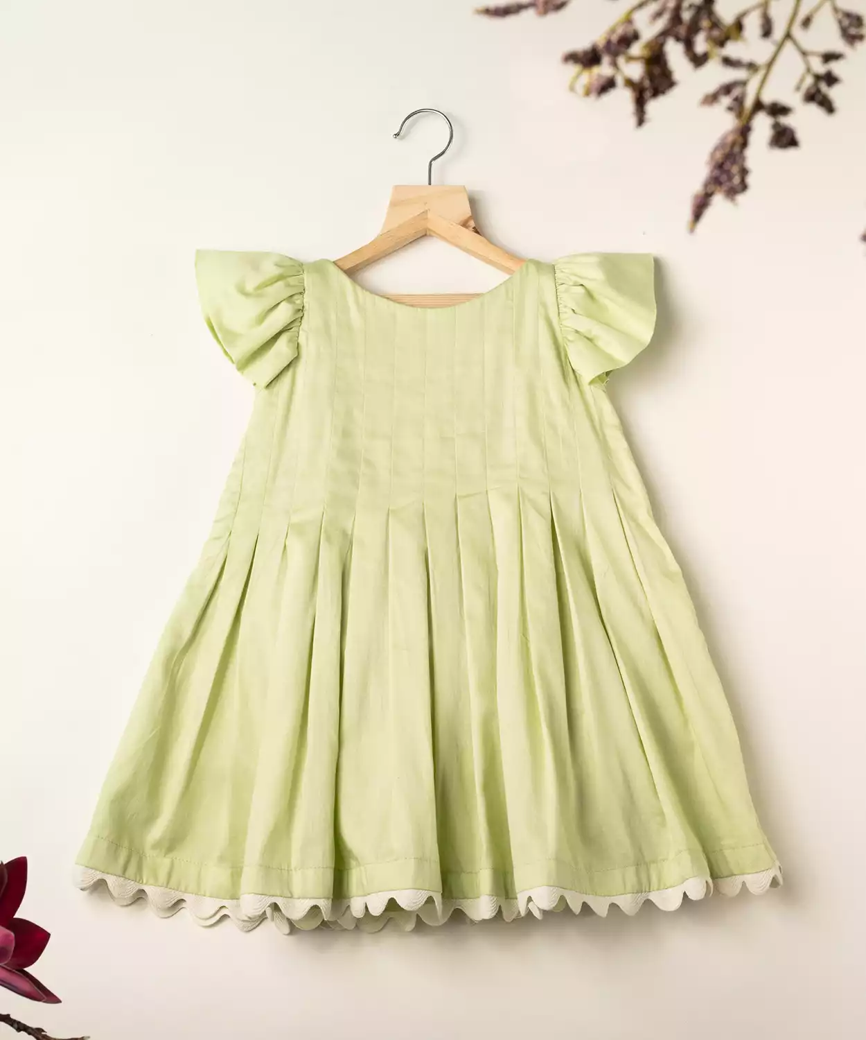 Green Pleated Cotton Dress Adorned With Pearls