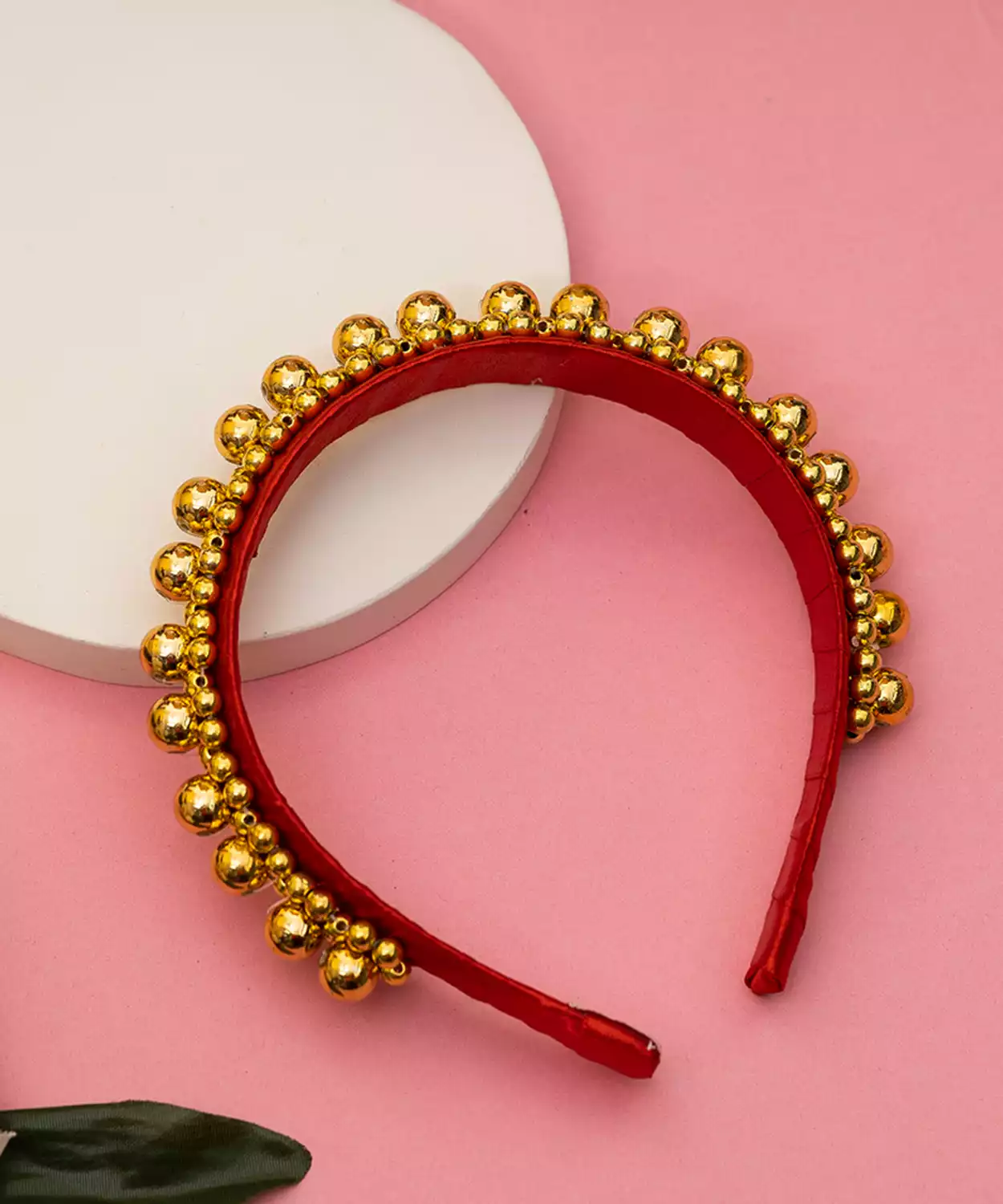 Satin Headband with Golden Bead Detailing for Festival - Red, Golden