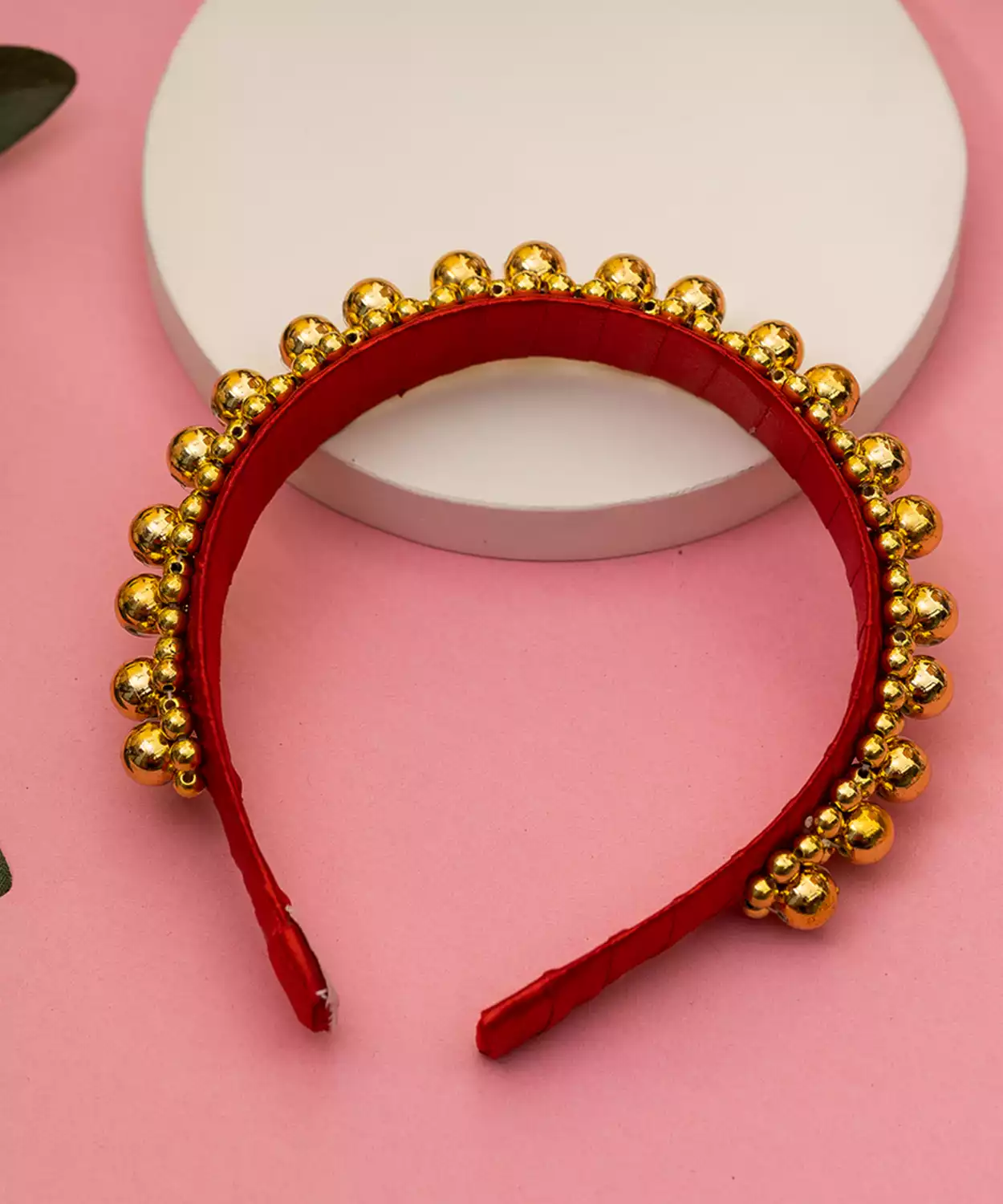 Satin Headband with Golden Bead Detailing for Festival - Red, Golden