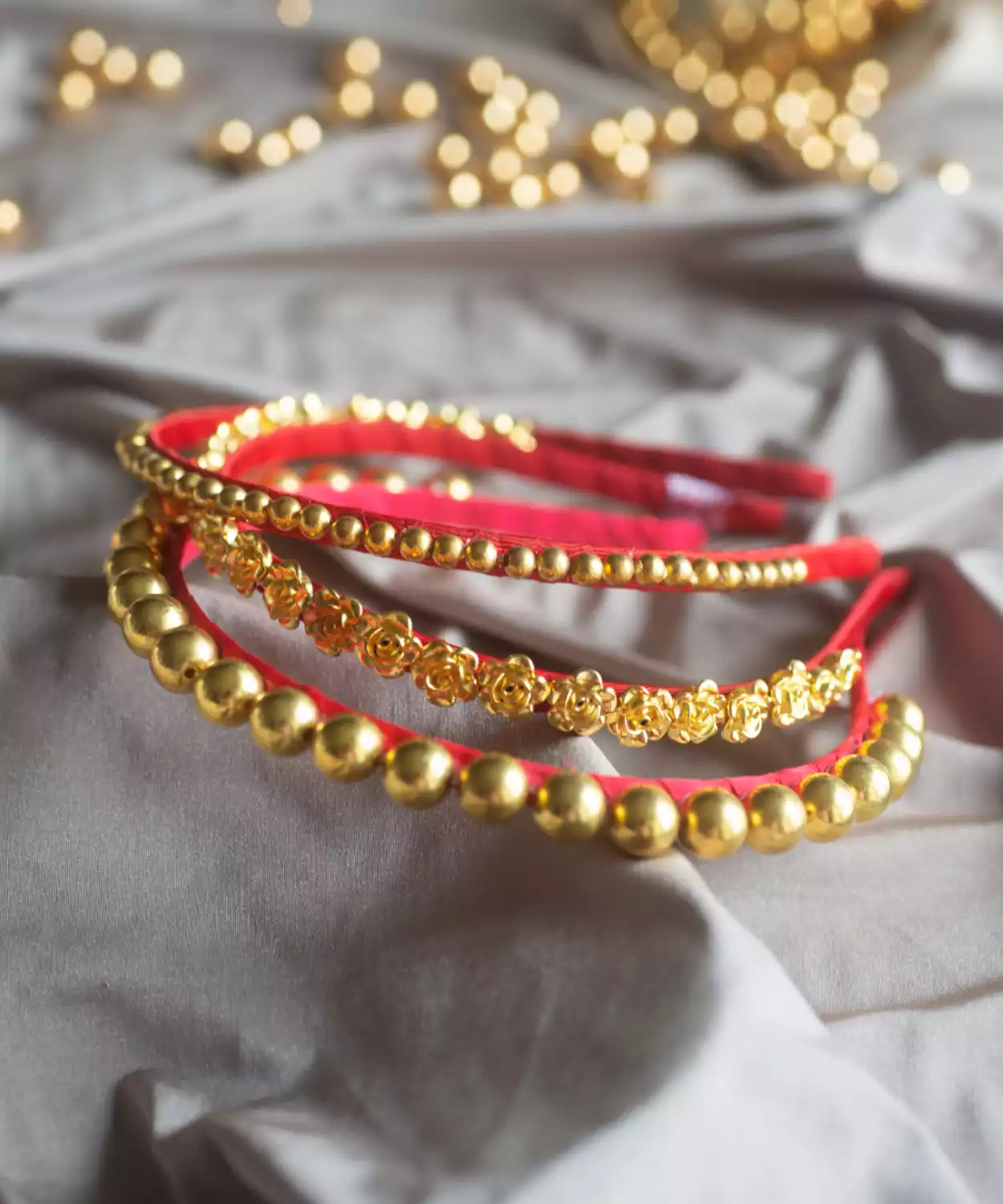 Set- 3 Pc Beaded and Floral Design Ethnic Hair bands- Red, Golden