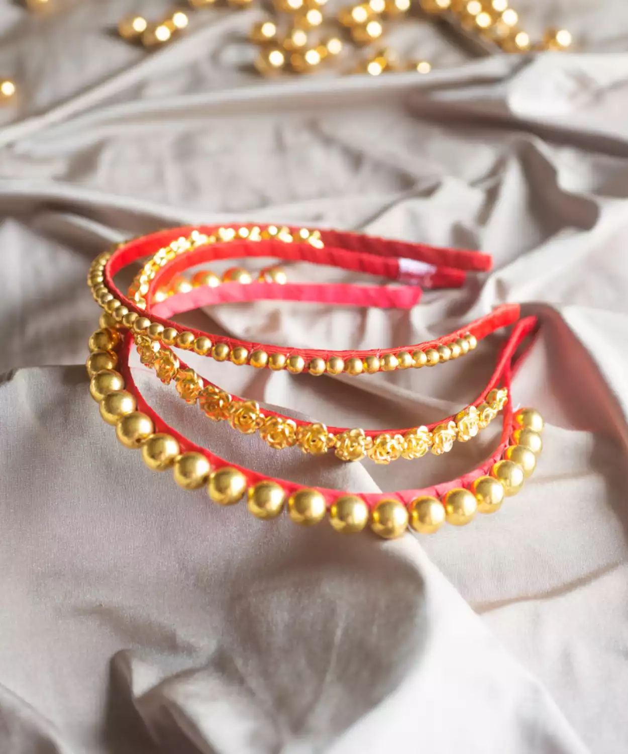 Set- 3 Pc Beaded and Floral Design Ethnic Hair bands- Red, Golden