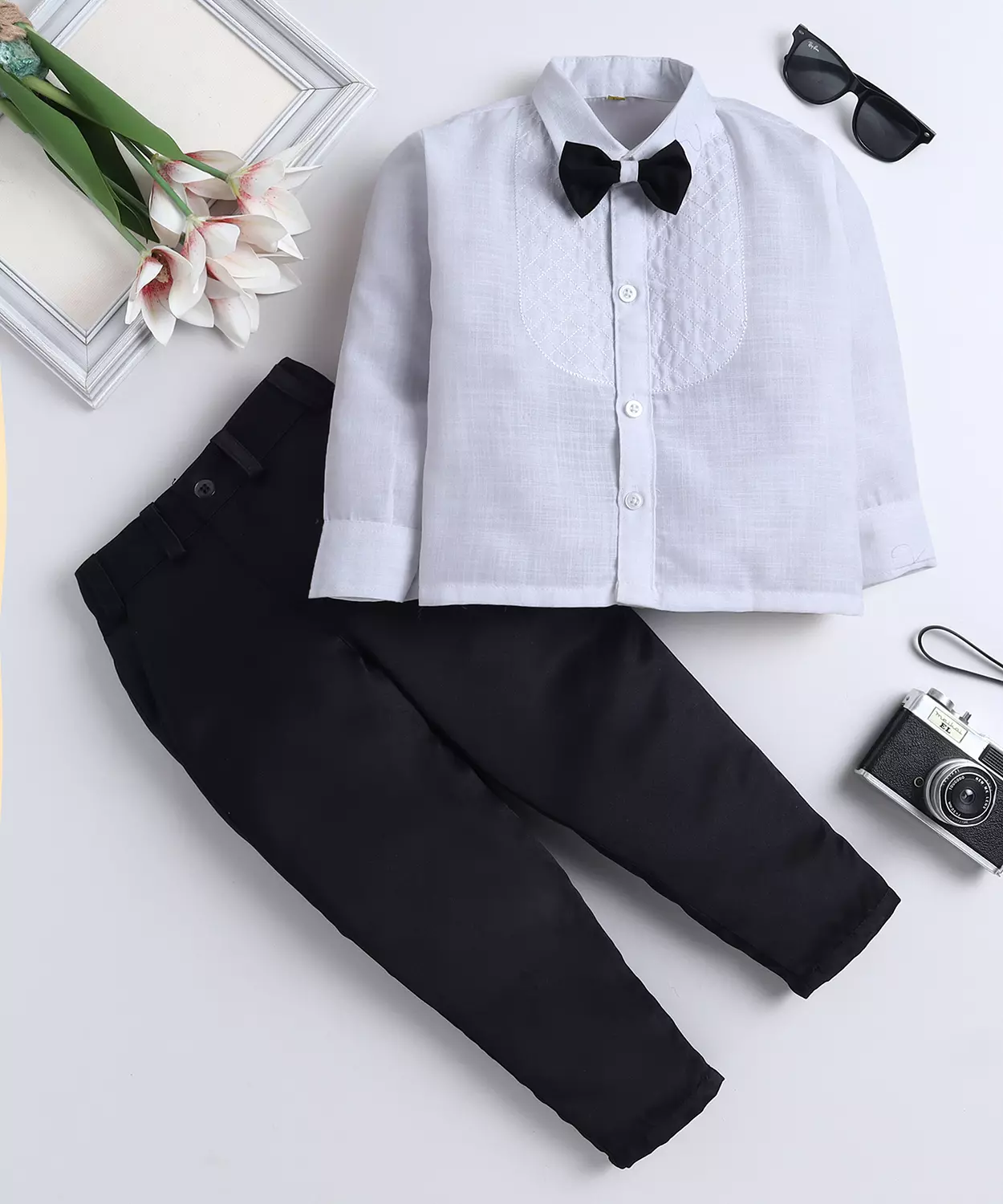 Cotton Diamond Embroidery Bib Shirt & Pant Set With Bow