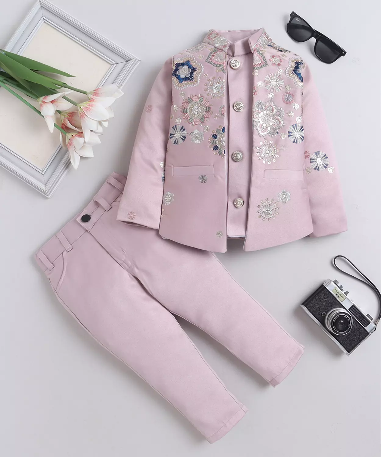 Floral Embroidered Sequined Sherwani & Trouser Set With Shrug