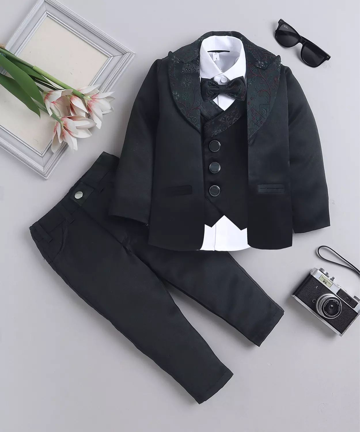 Floral Woven Design 3 Piece Suit Set With Bowtie