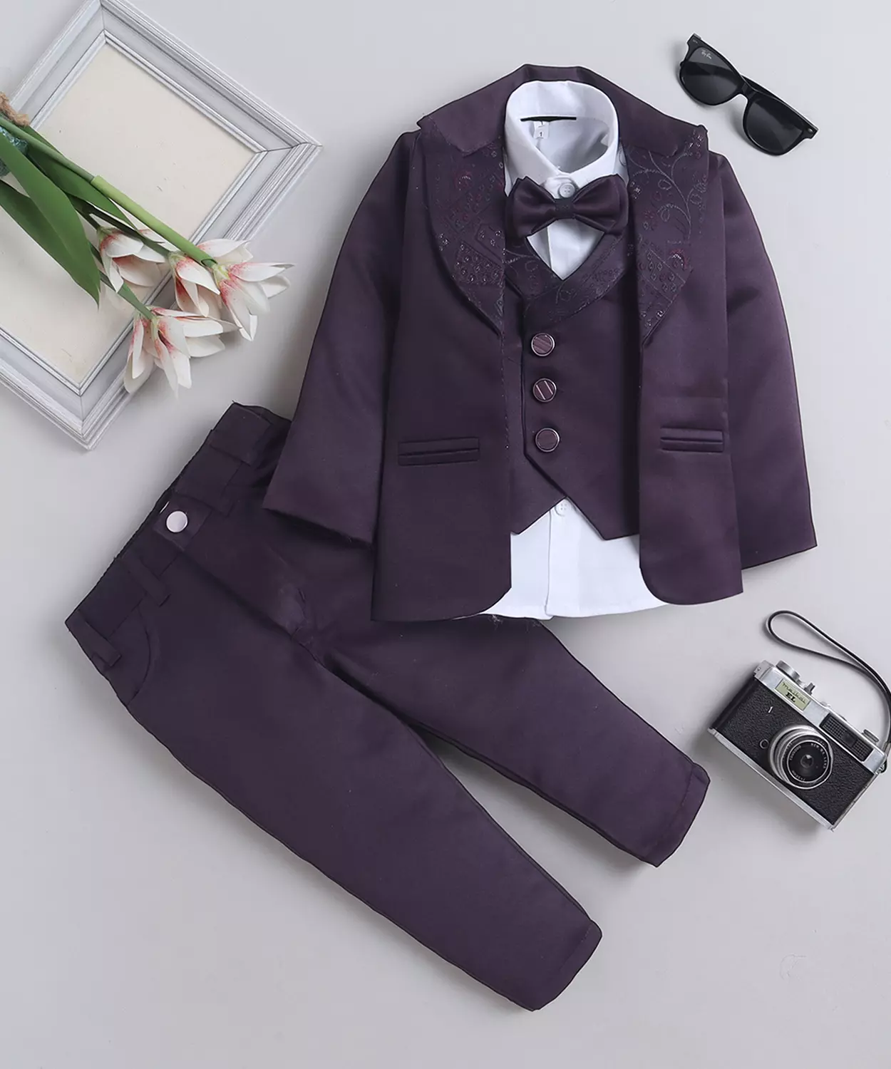 Floral Woven Design 3 Piece Suit Set With Bowtie