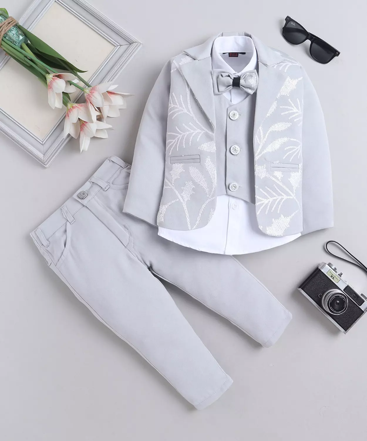 Cotton Blend Sequins Embellished 3 Piece Suit Set With Bowtie