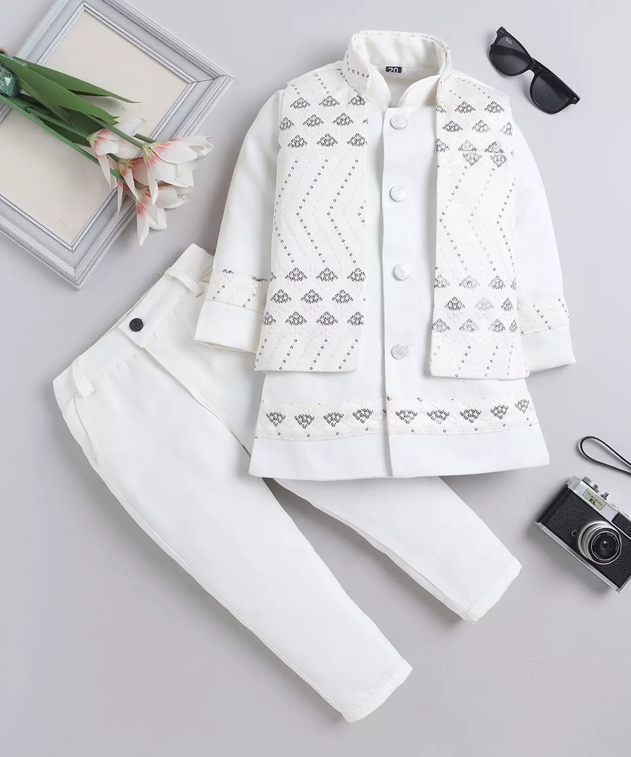 Cotton Blend Chevron Embroidered Sequined Sherwani & Trouser Set With Jacket