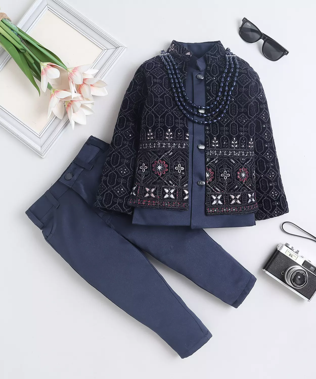 Velvet Geometric Embroidered Sequined Sherwani & Trouser Set With Shrug