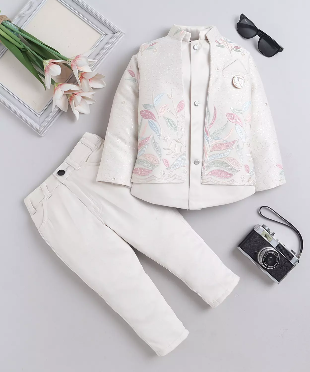 Floral Embroidered Sequined Sherwani & Trouser Set With Jacket