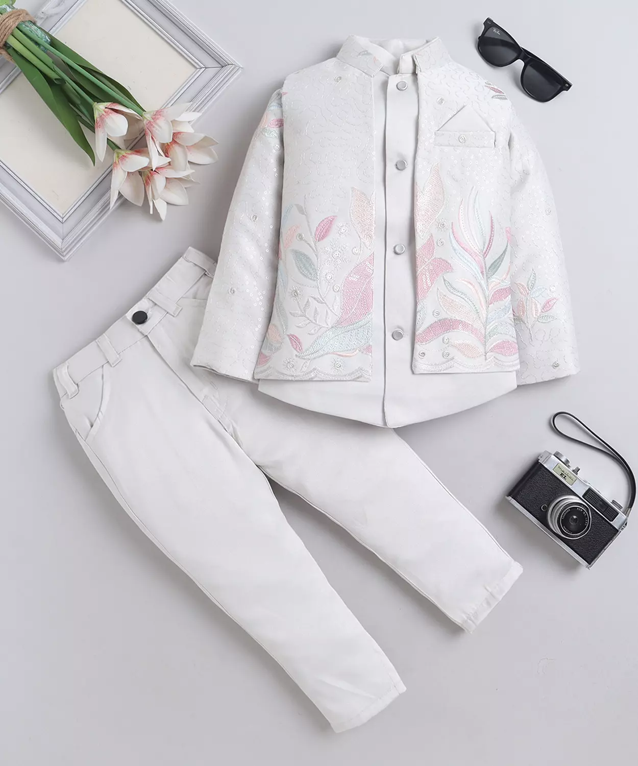 Floral Embroidered Sequined Sherwani & Trouser Set With Jacket