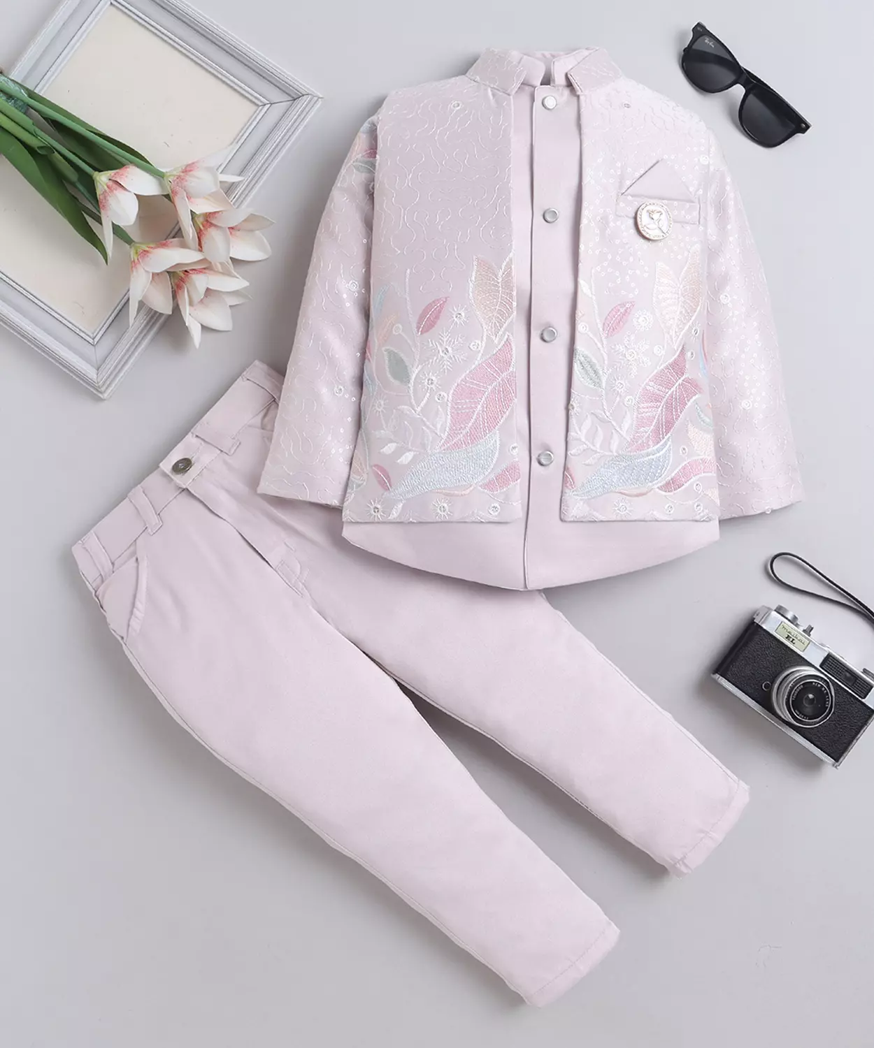 Floral Embroidered Sequined Sherwani & Trouser Set With Jacket