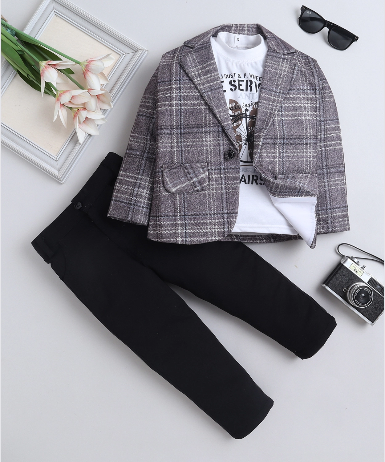 Cotton Blend Checked Blazer & Trouser Set With Graphic Print T-shirt