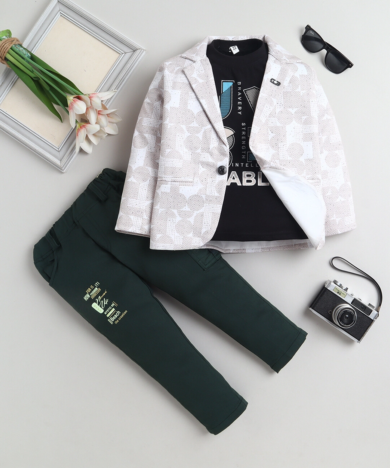 Cotton Blend Geometric Abstract Print Blazer & Trouser Set With Graphic Print T-shirt