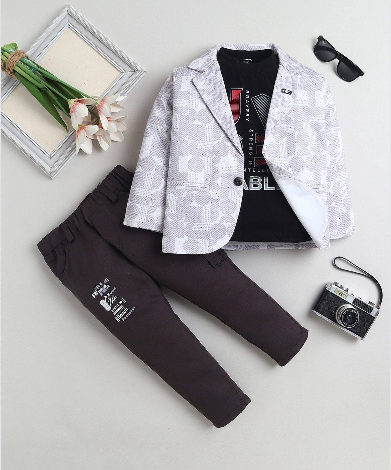 Cotton Blend Geometric Abstract Print Blazer & Trouser Set With Graphic Print T-shirt