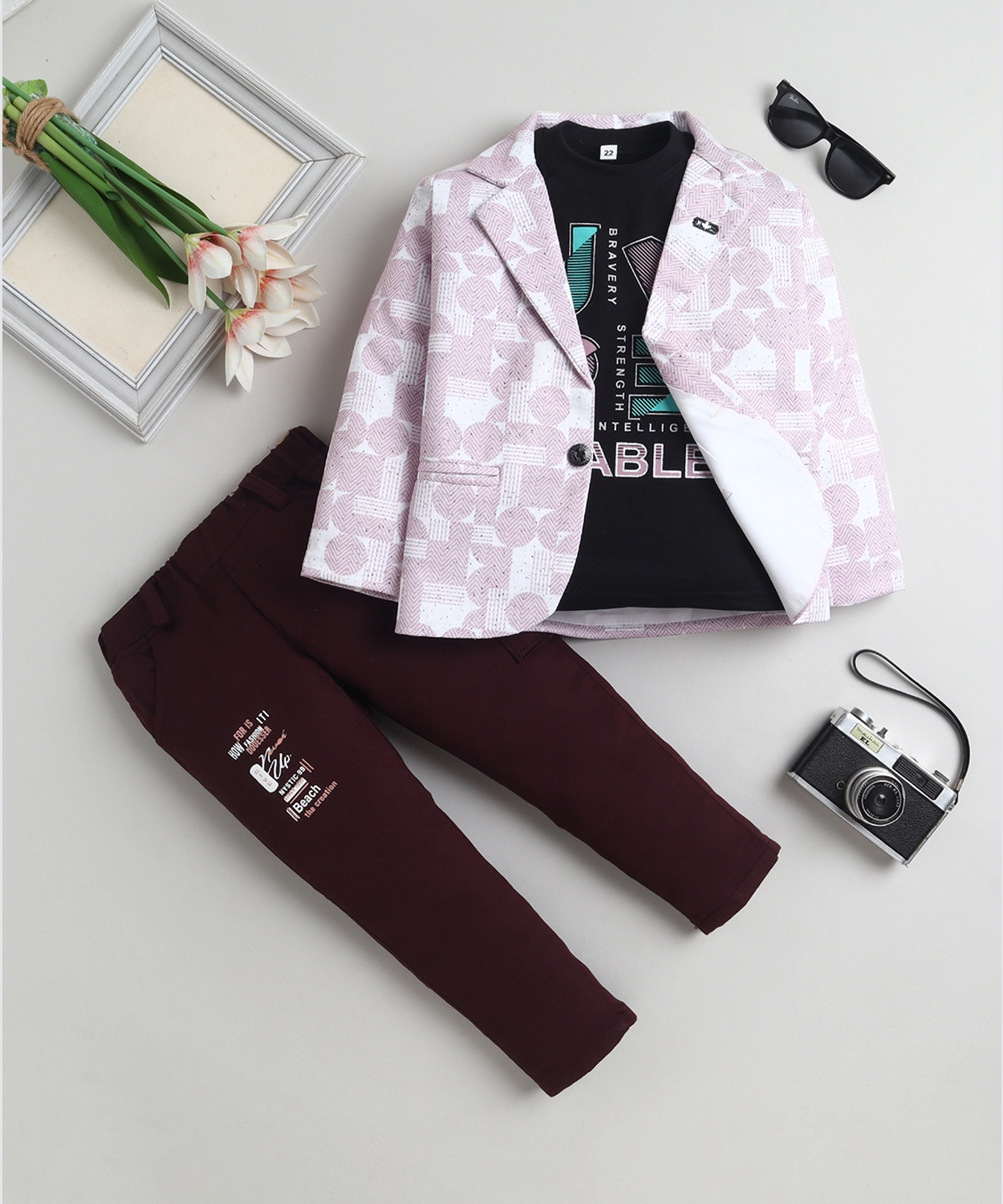 Cotton Blend Geometric Abstract Print Blazer & Trouser Set With Graphic Print T-shirt