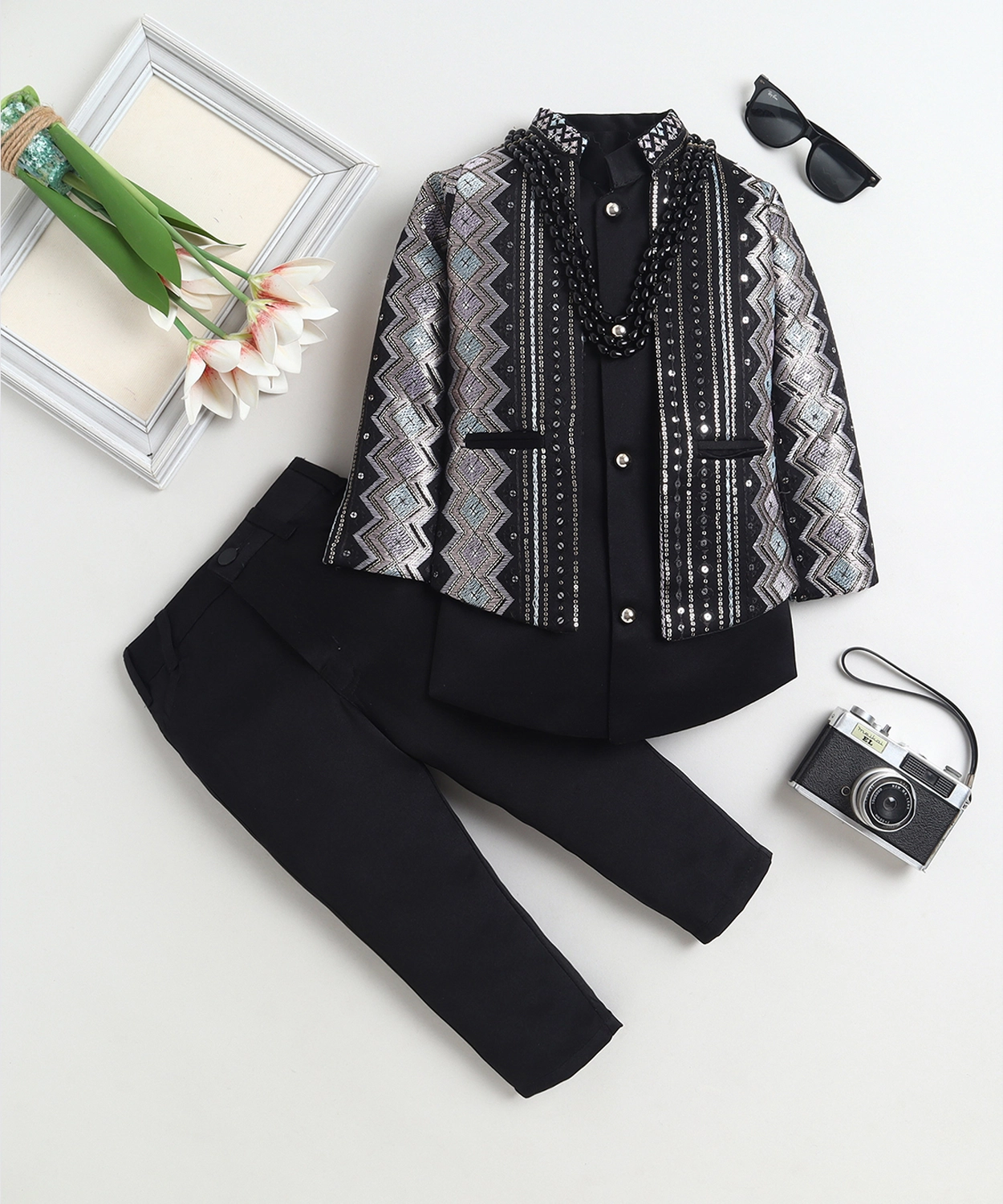 Zigzag Embroidered Sequined Sherwani & Trouser Set With Shrug
