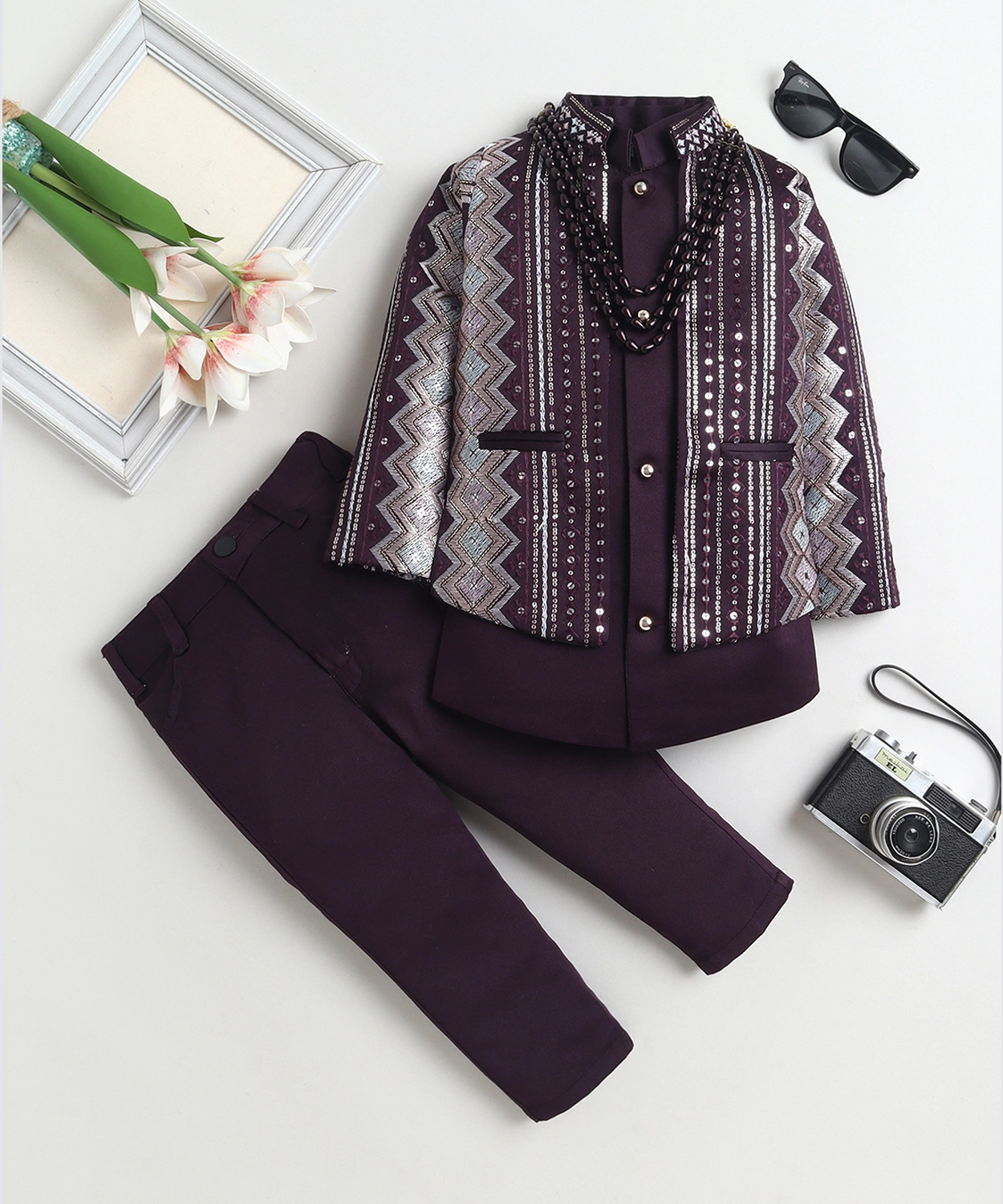 Zigzag Embroidered Sequined Sherwani & Trouser Set With Shrug