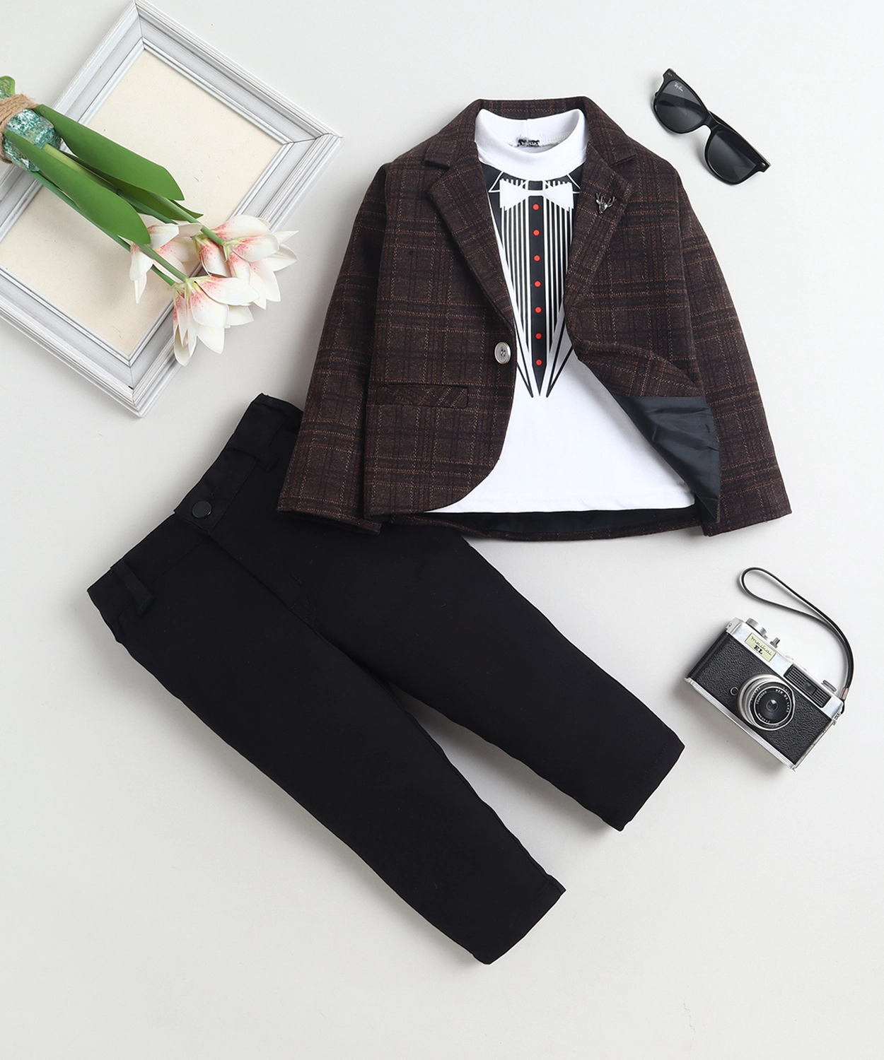 Cotton Blend Checked Blazer & Trouser Set With Graphic Print T-shirt