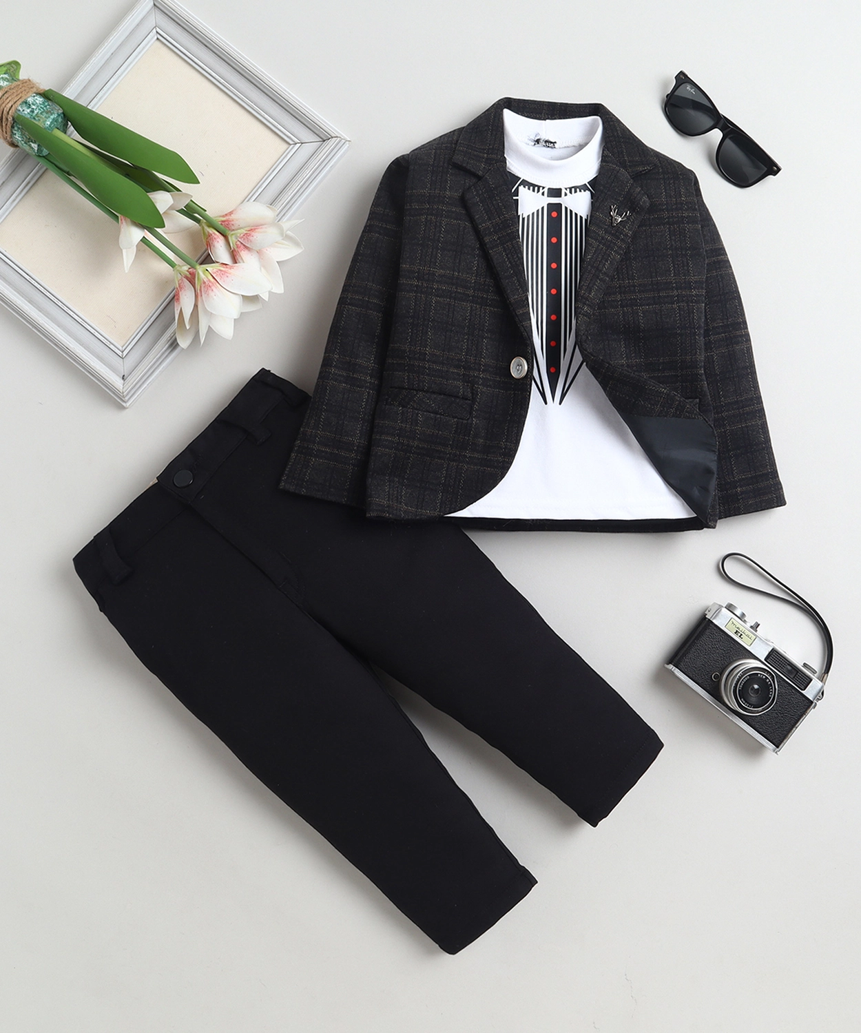 Cotton Blend Checked Blazer & Trouser Set With Graphic Print T-shirt