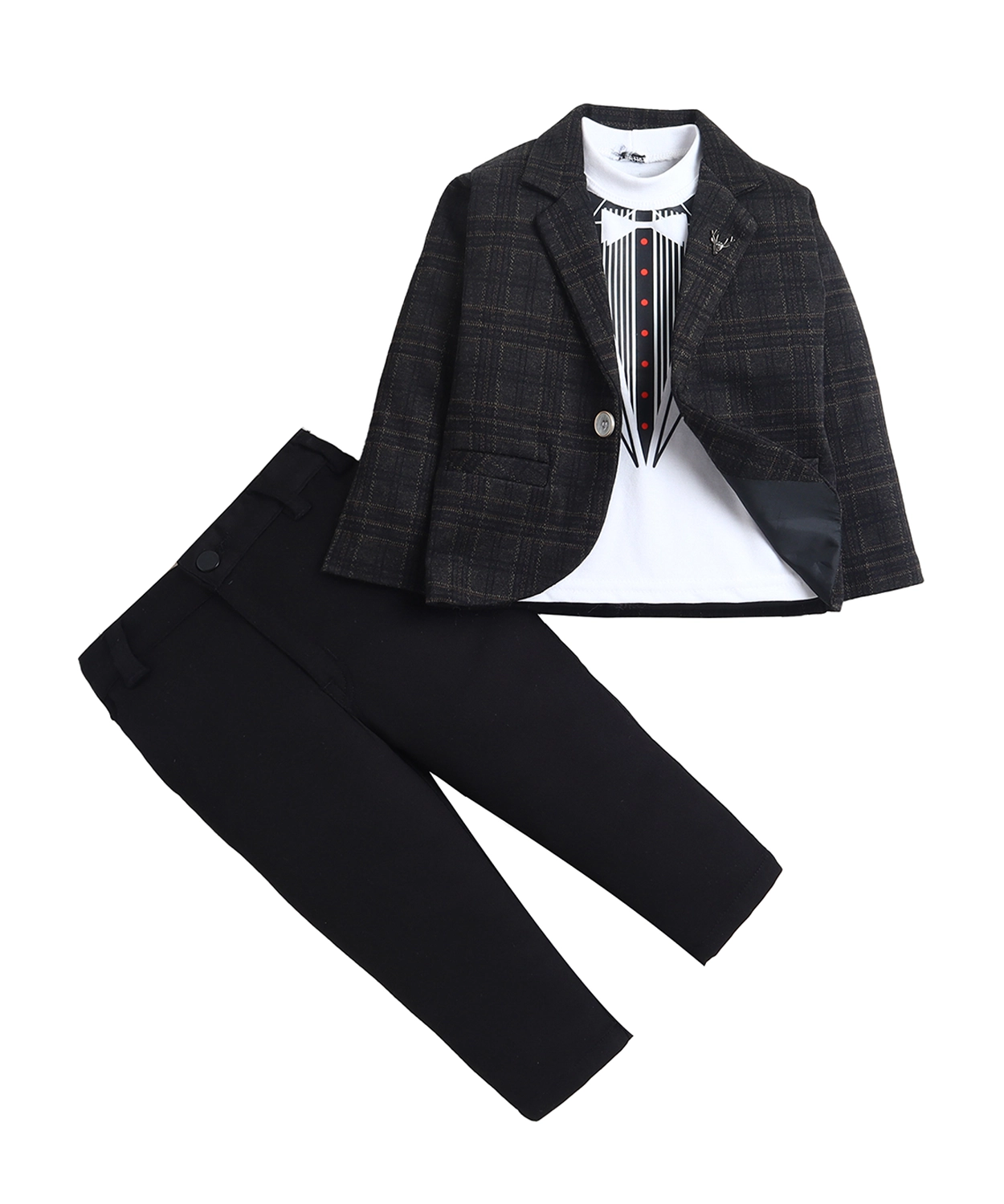 Cotton Blend Checked Blazer & Trouser Set With Graphic Print T-shirt
