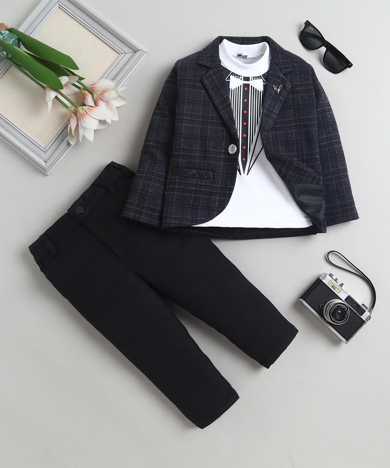 Cotton Blend Checked Blazer & Trouser Set With Graphic Print T-shirt