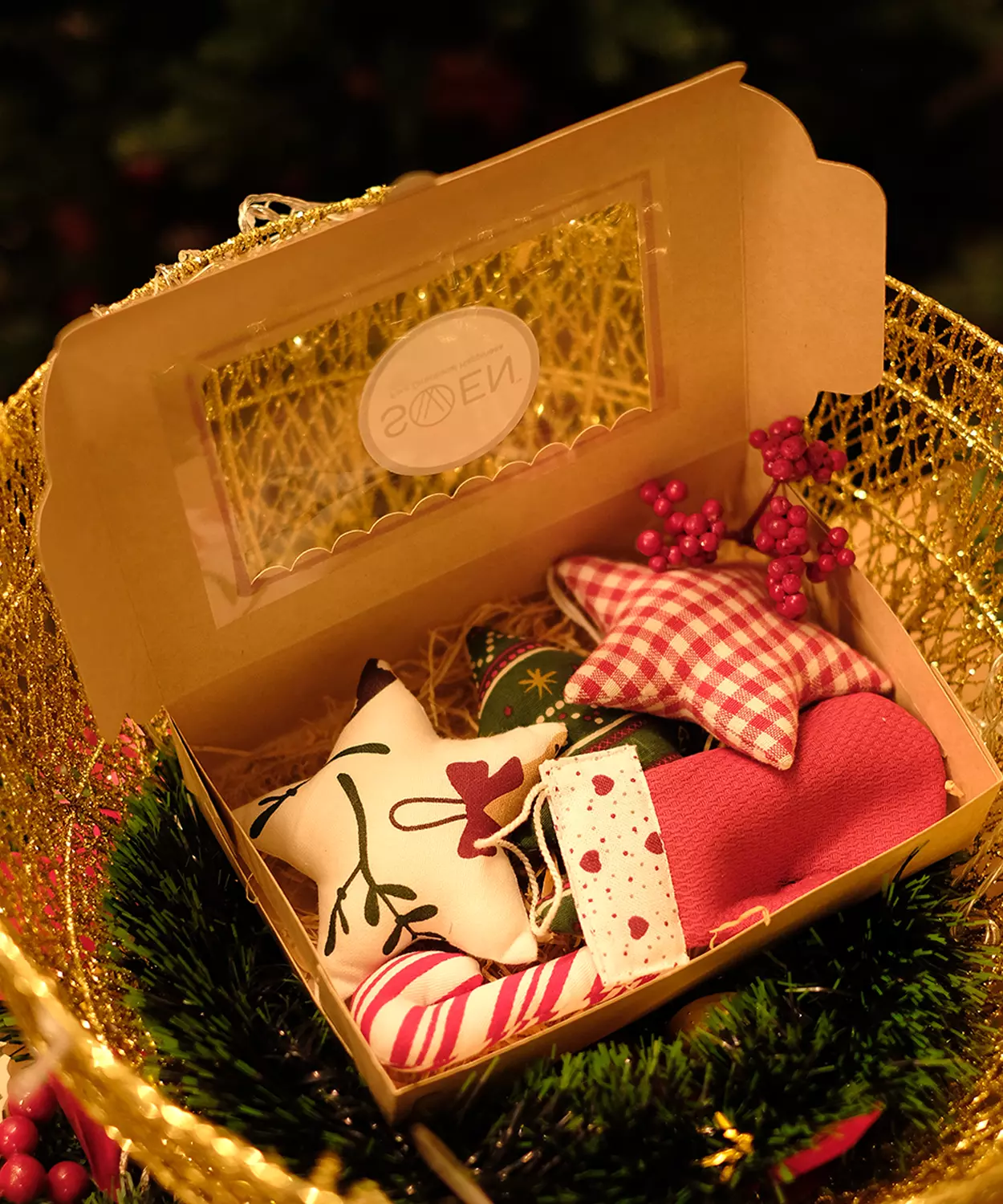 Jonas, Pack Of 5 Assorted 3D Fabric Christmas Tree Hangings