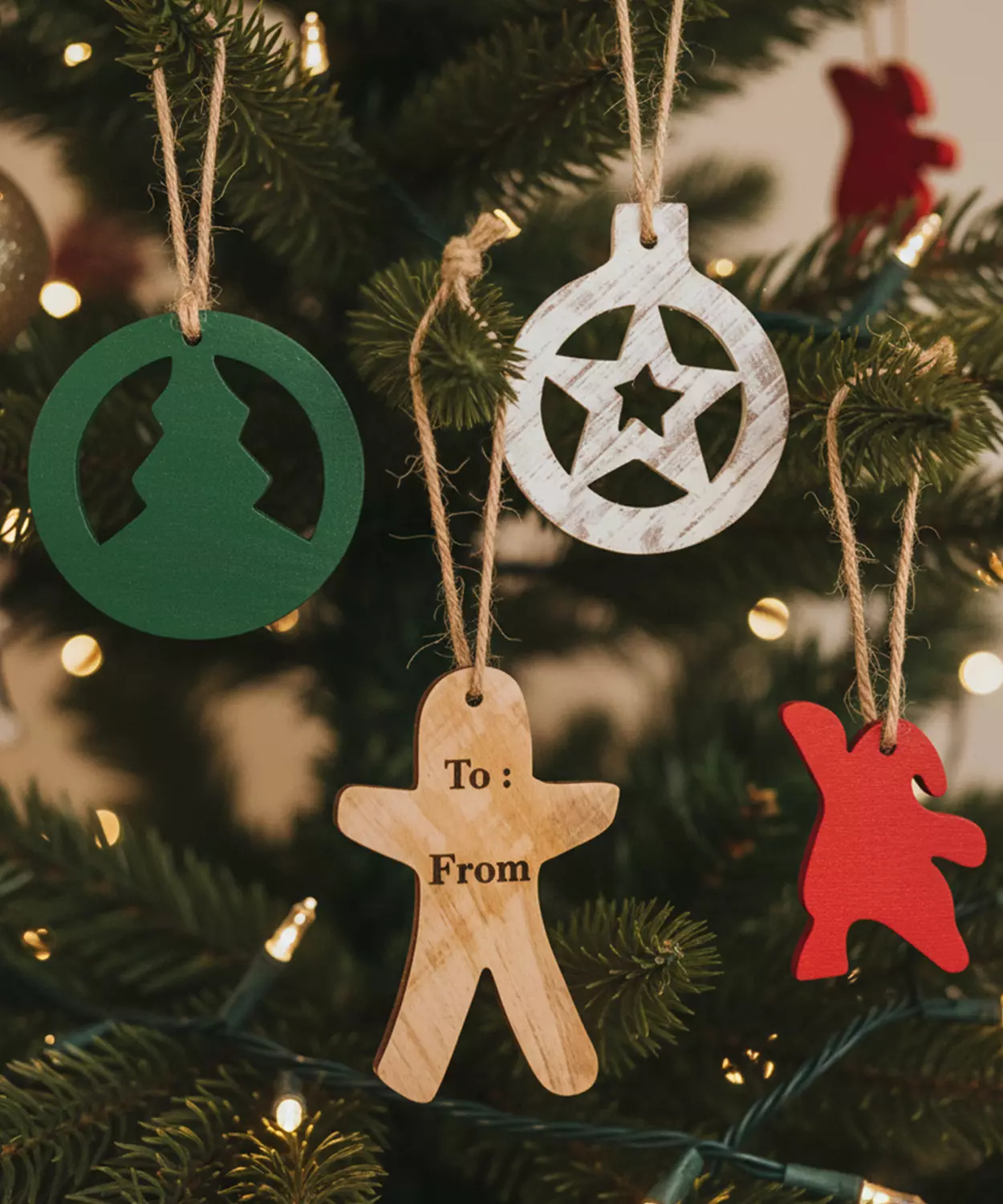 Pack Of 4 Wooden Christmas Tree Ornaments - Star, Tree, Candyman, Santa- HERMES