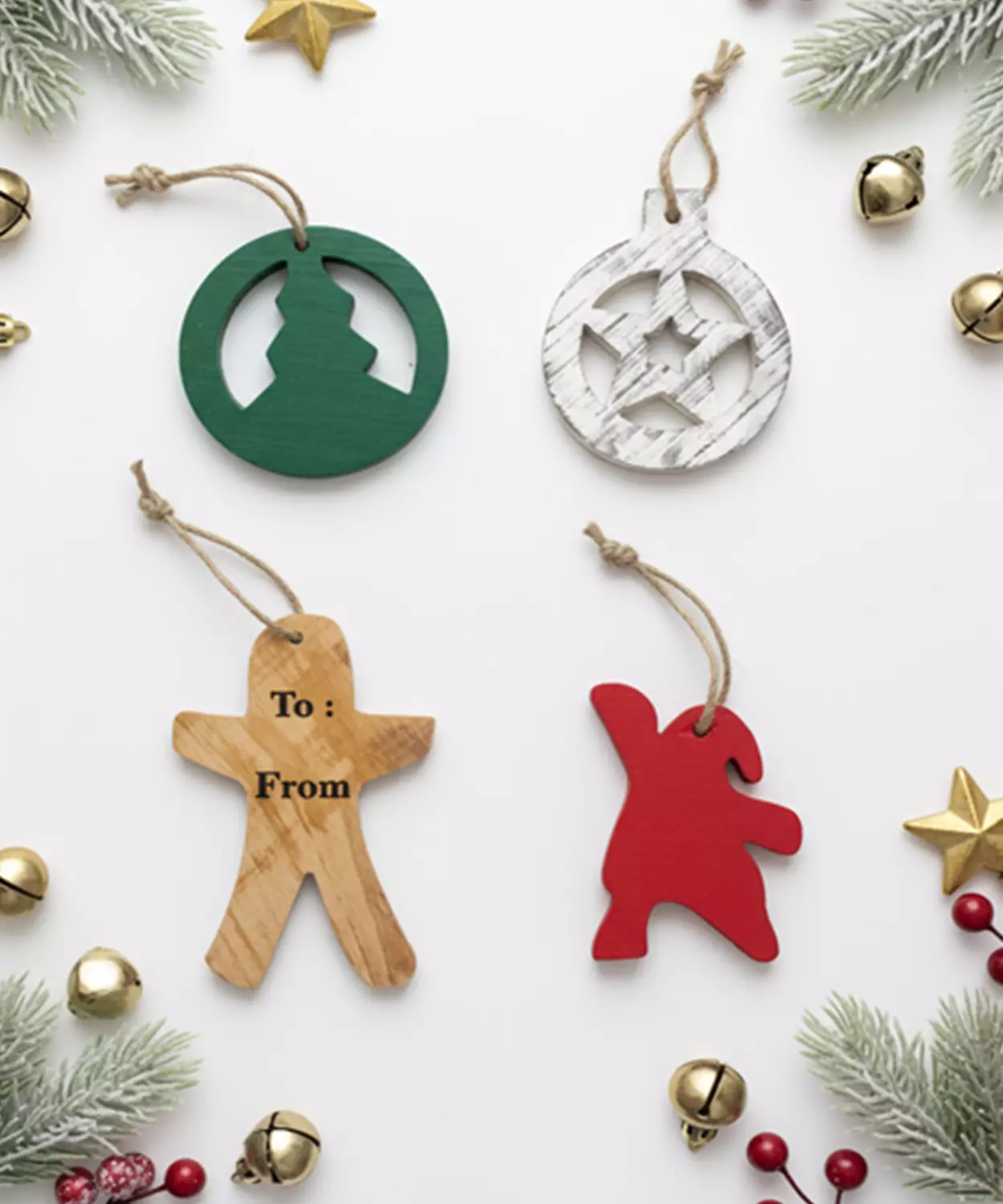 Pack Of 4 Wooden Christmas Tree Ornaments - Star, Tree, Candyman, Santa- HERMES