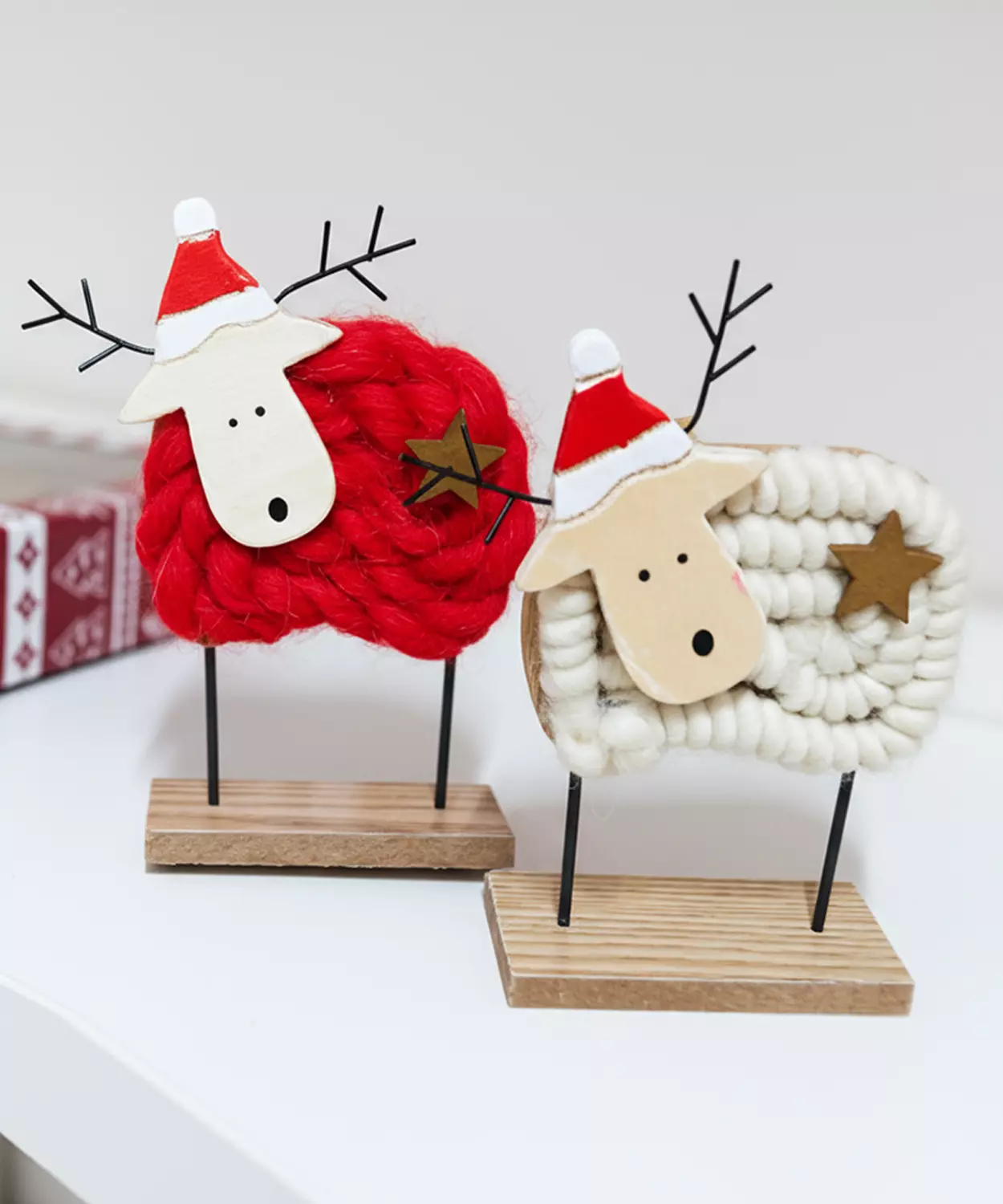 Lammas, Pack Of 2 Red And White Wool & Wood Festive Critters For Christmas