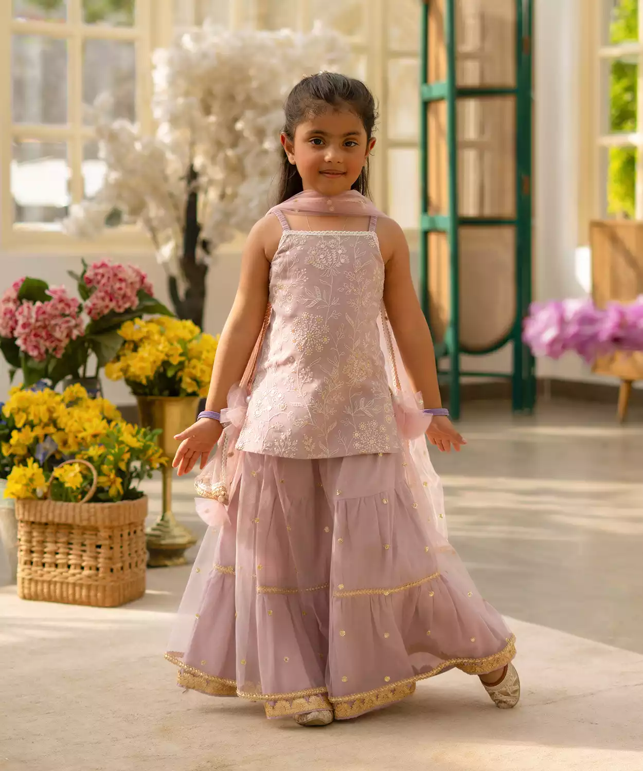 Lilac Embroidered Kurti Lehenga Set