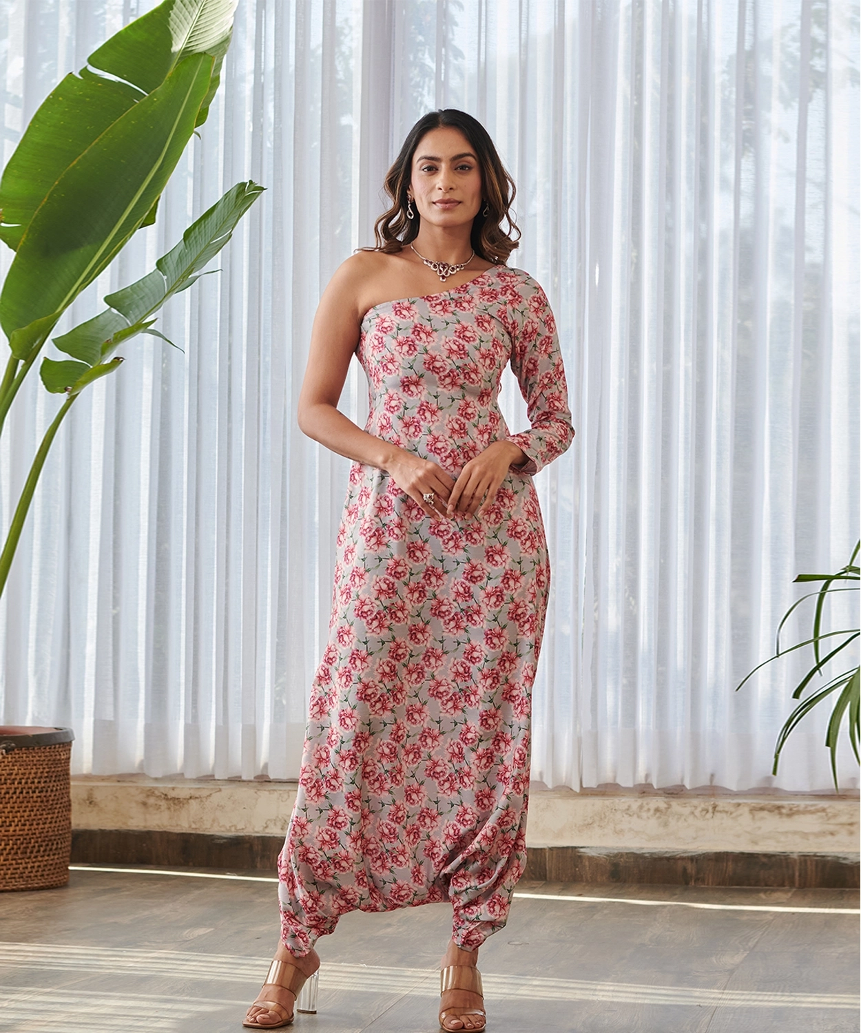 Pale Grey One-Shoulder Dhoti Jumpsuit